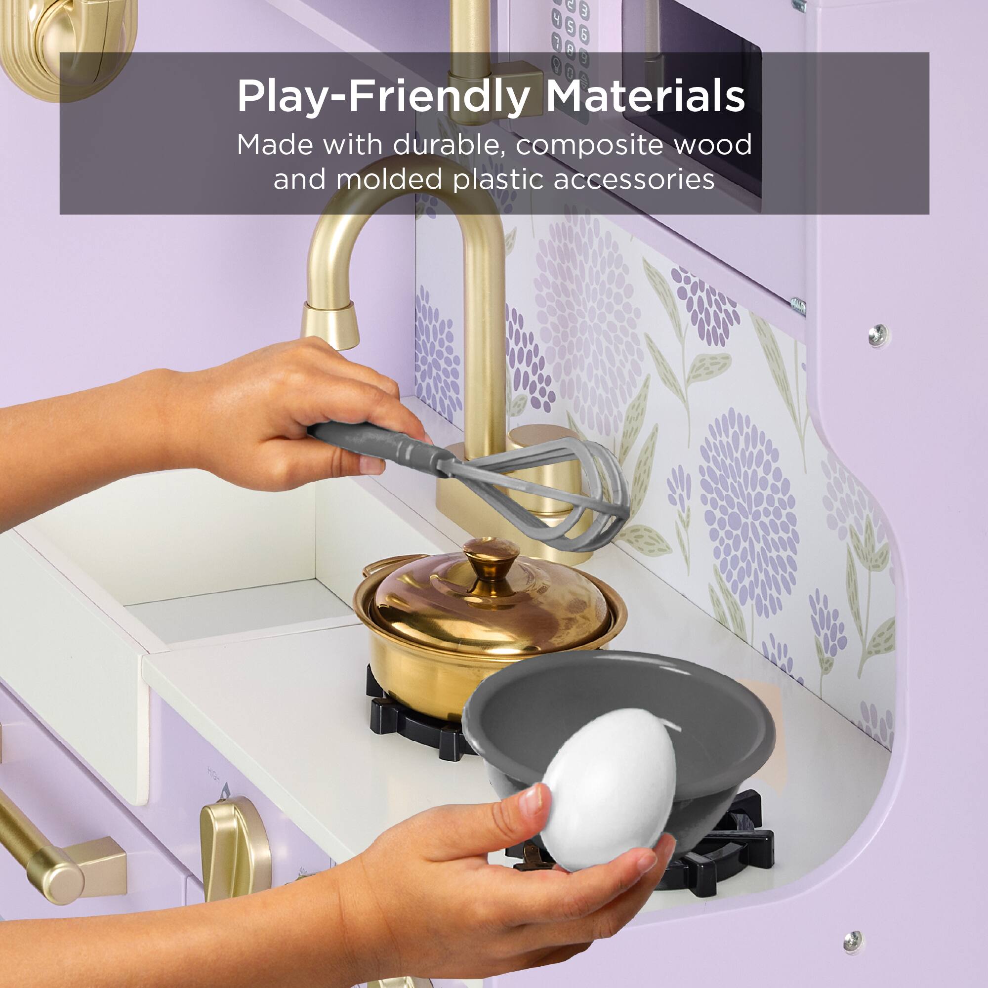 Play-Friendly Materials  
Made with durable, composite wood and molded plastic accessories