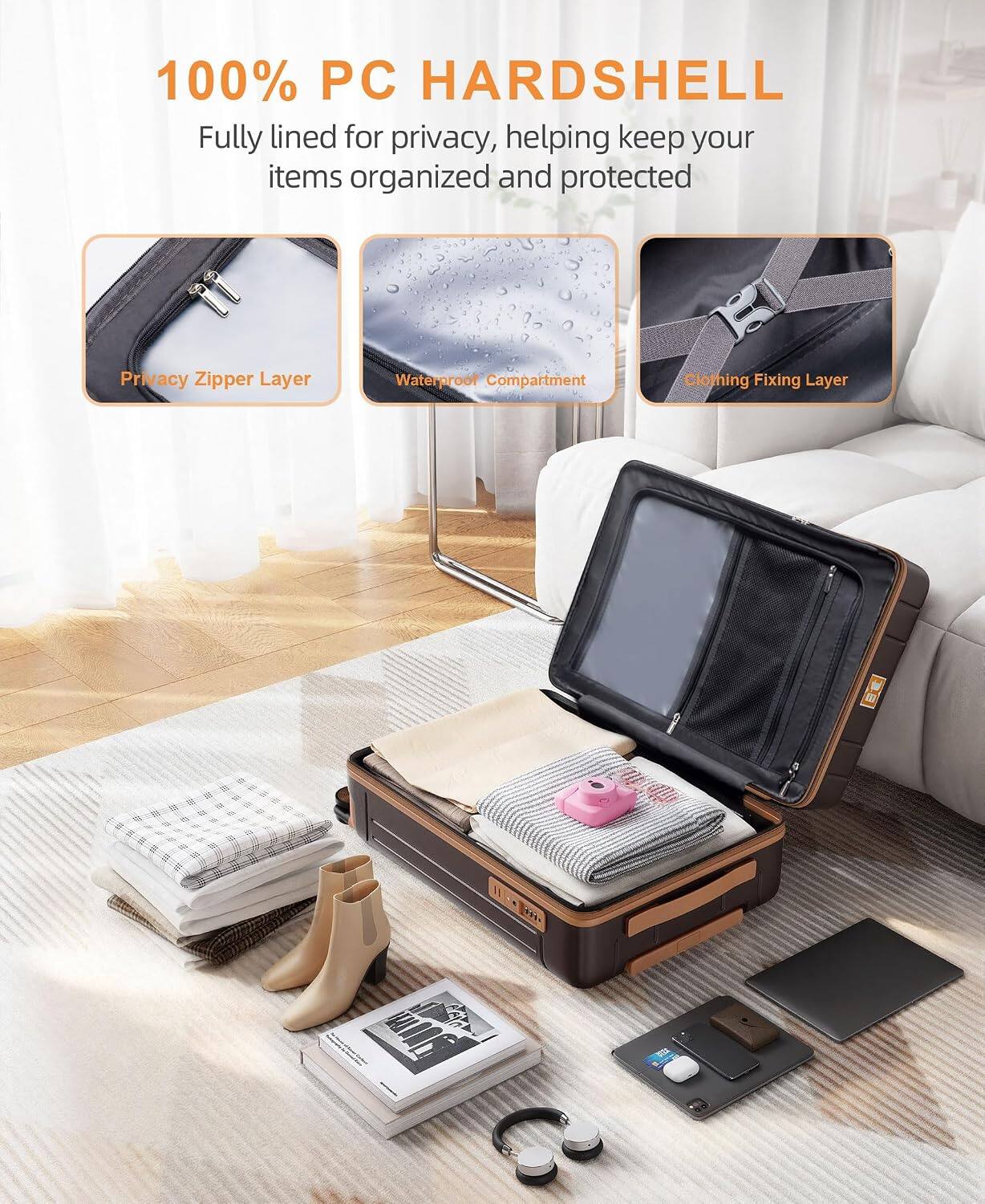 100% PC HARDSHELL

Fully lined for privacy, helping keep your items organized and protected

- Privacy Zipper Layer
- Waterproof Compartment
- Clothing Fixing Layer
