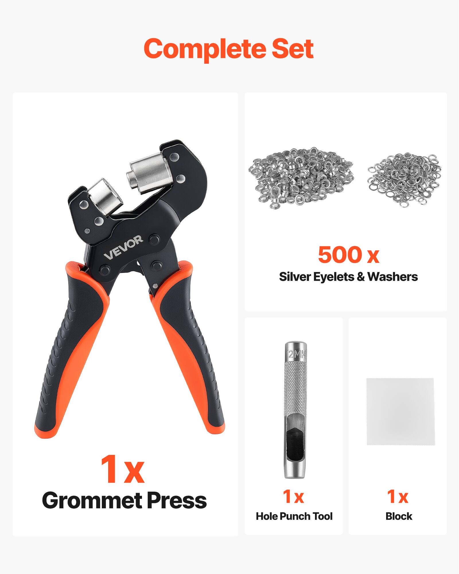 Complete Set VEVOR 500 x Silver Eyelets & Washers 1 x Grommet Press 1 x Hole Punch Tool 1 x Block