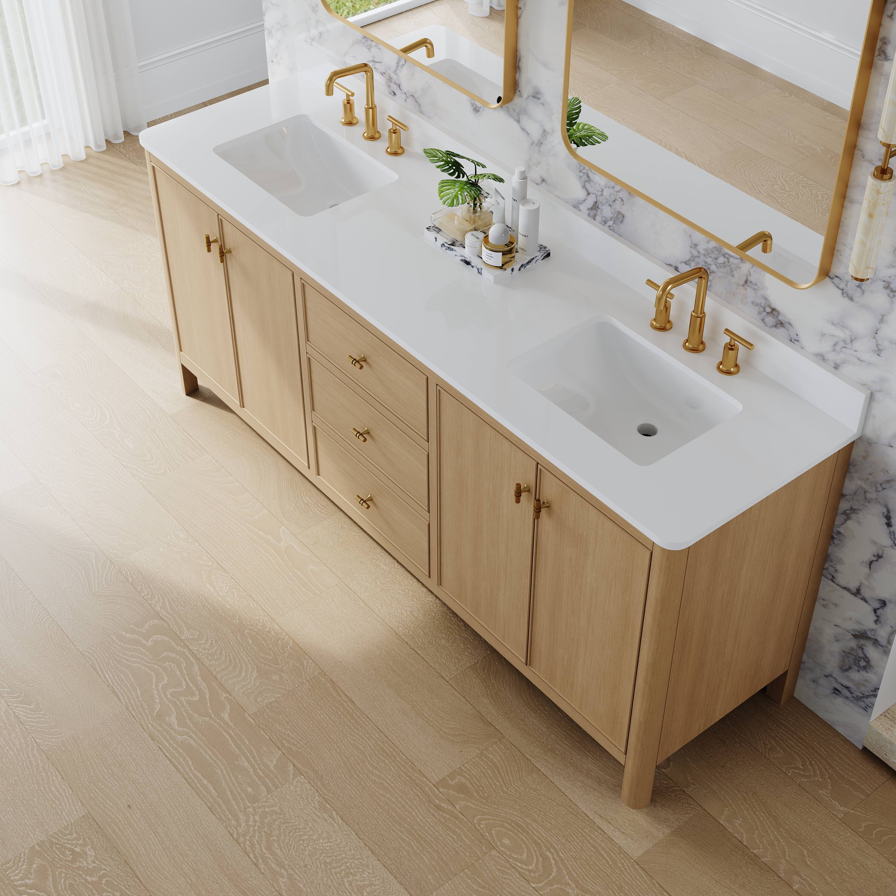 Angle. WELLFOR - LORIN 80 in. Solid Wood Bath Vanity with Quartz Top, Double Sink, Soft Close, Assembled - OAK.
