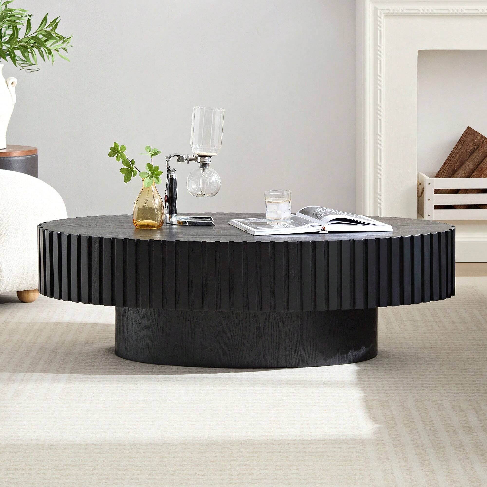 Alt View 1. Trinkets Crazed - Handcrafted Walnut Oval Coffee Table, Mid Century Modern Irregular Large 44 Inch Wood Drum Design - Black.