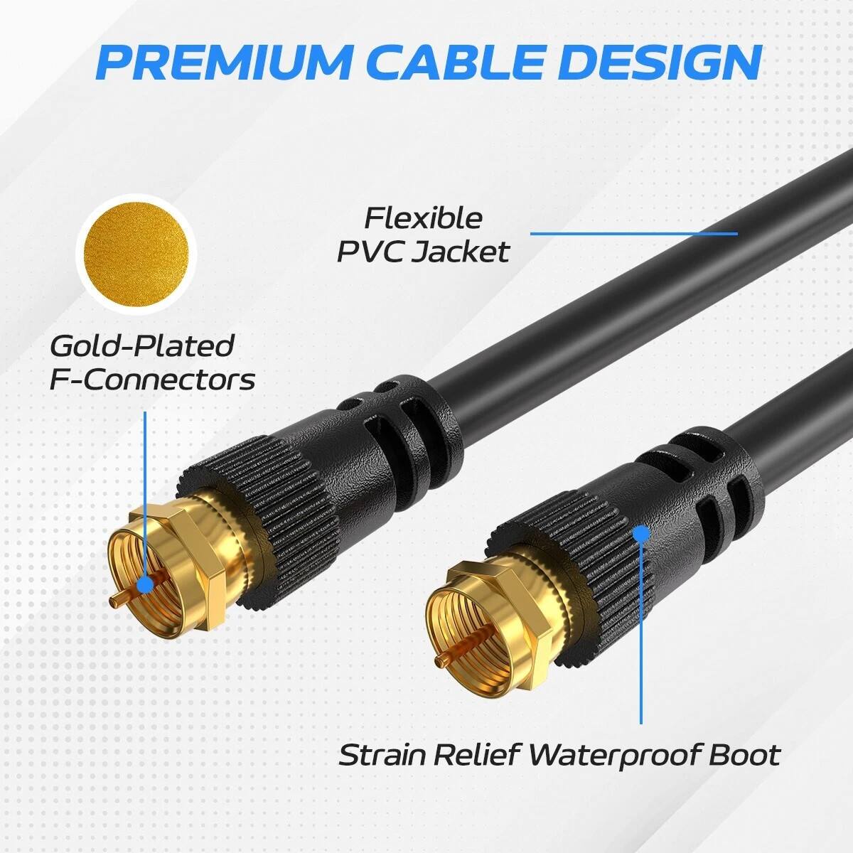 PREMIUM CABLE DESIGN

- Flexible PVC Jacket
- Gold-Plated F-Connectors
- Strain Relief Waterproof Boot
