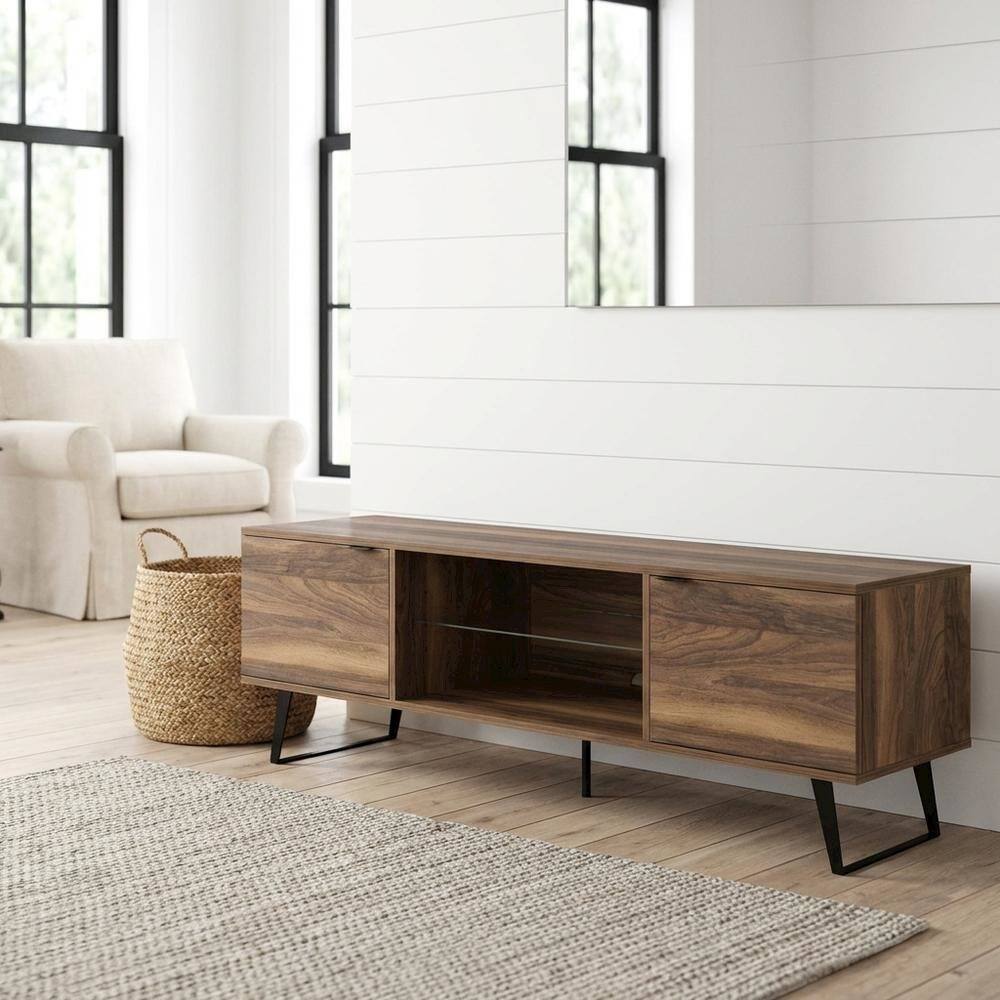 Alt View 1. FurniFact - Walnut Wood TV Stand with Glass Door Shelf and Mid-Century Modern Design - White.