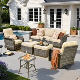 Ovios - 6 PCS Patio Furniture Set, 3 Seat Cushioned Sofa, Swivel Chairs with Ottoman & Side Table - Beige