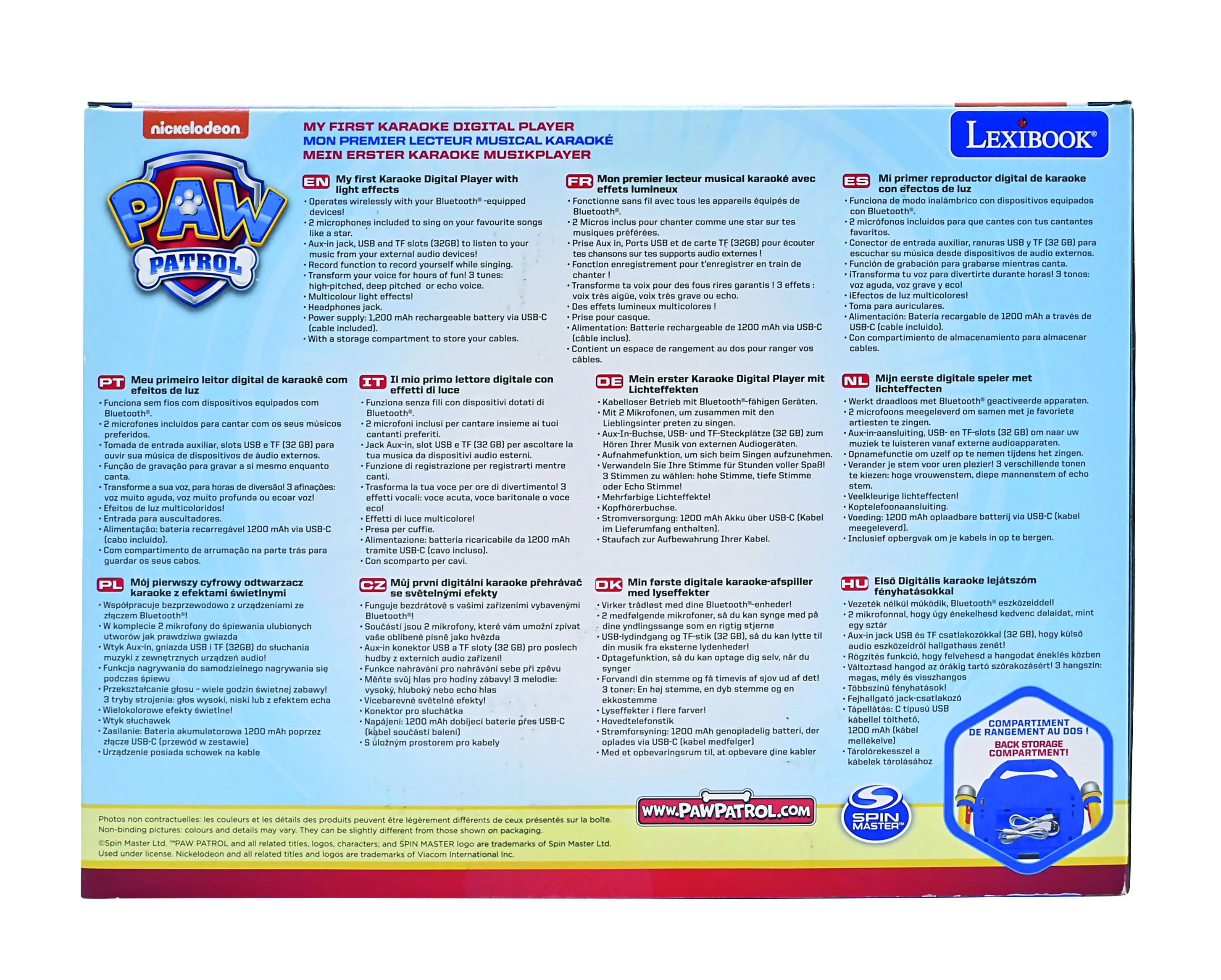 **My First Karaoke Digital Player**

**Mon Premier Lecteur Musical Karaoke**

**Mein Erster Karaoke Musikplayer**

**Mi Primer Reproductor Digital de Karaoke**

**Mój Pierszy Digitalny Karaoke Player**

**Mio Primo Lettore Digitale con Effetti di Luce**

**LexiBook**

**My First Karaoke Digital Player with Light Effects**

- Operates with your Bluetooth®-equipped devices
- 2 microphones included to sing along to your favourite songs
- 2 TF slots (32GB) to listen to your music from your external audio devices
- Record function to record yourself singing
- High-pitched, deep pitched or echo voice
- Multicolour light effects!
- Power supply: 1200 mAh rechargeable battery via USB-C
- With a storage compartment to store your cables

**Fonctionne avec vos appareils équipés de Bluetooth®**
- 2 microphones inclus pour chanter vos chansons préférées
- 2 slots TF (32GB) pour écouter votre musique depuis vos appareils audio externes
- Fonction d'enregistrement pour enregistrer votre chant
- Vo