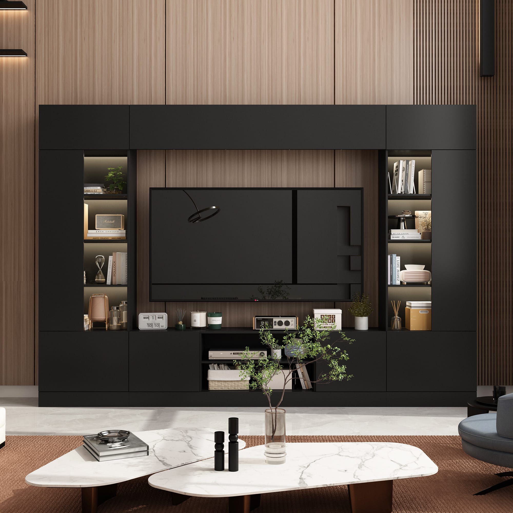 Front. FUFU & GAGA - Entertainment Center with Surround Design for 75 Inch TVs, Media Console Adjustable Lighting, Cable Management - Black.