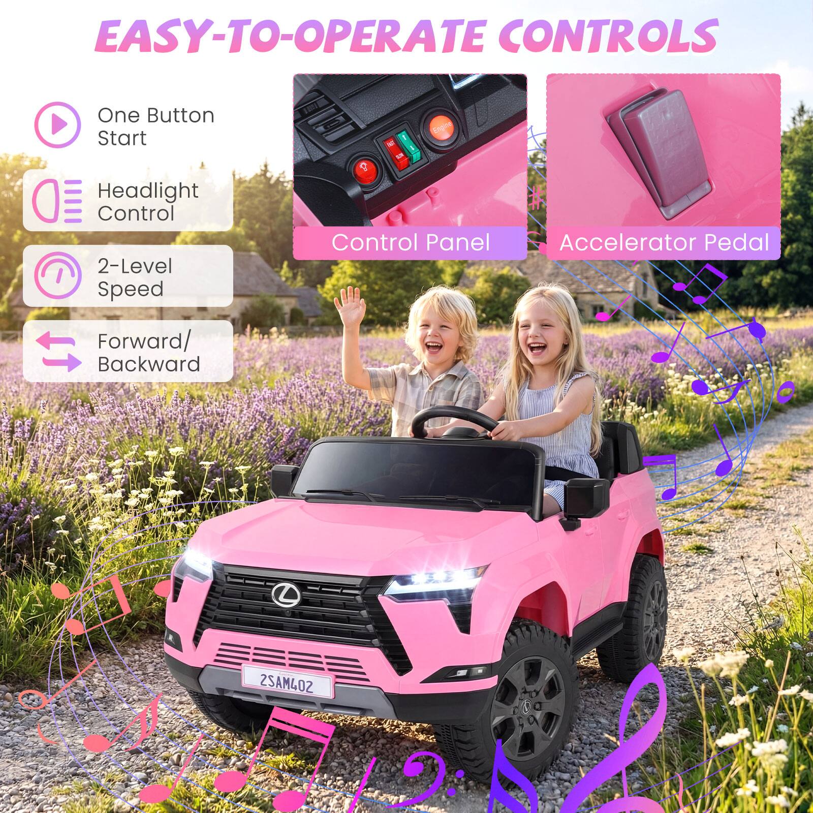 EASY-TO-OPERATE CONTROLS

- One Button Start
- Headlight Control
- 2-Level Speed
- Forward/Backward

Control Panel
Accelerator Pedal

2SAM402