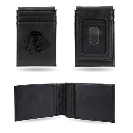 Front. Rico Industries - Chicago Blackhawks NHL Laser Engraved Black Front Pocket Wallet / Money Clip - Multi.