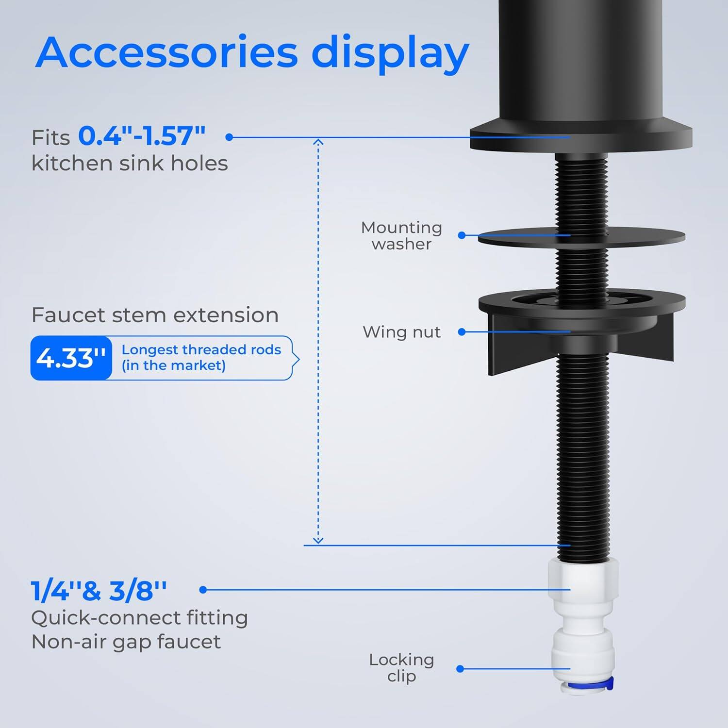 Accessories display

- Fits 0.4"-1.57" kitchen sink holes
- Faucet stem extension
  - 4.33" (Longest threaded rods in the market)
- Mounting washer
- Wing nut
- 1/4" & 3/8" Quick-connect fitting
- Non-air gap faucet
- Locking clip