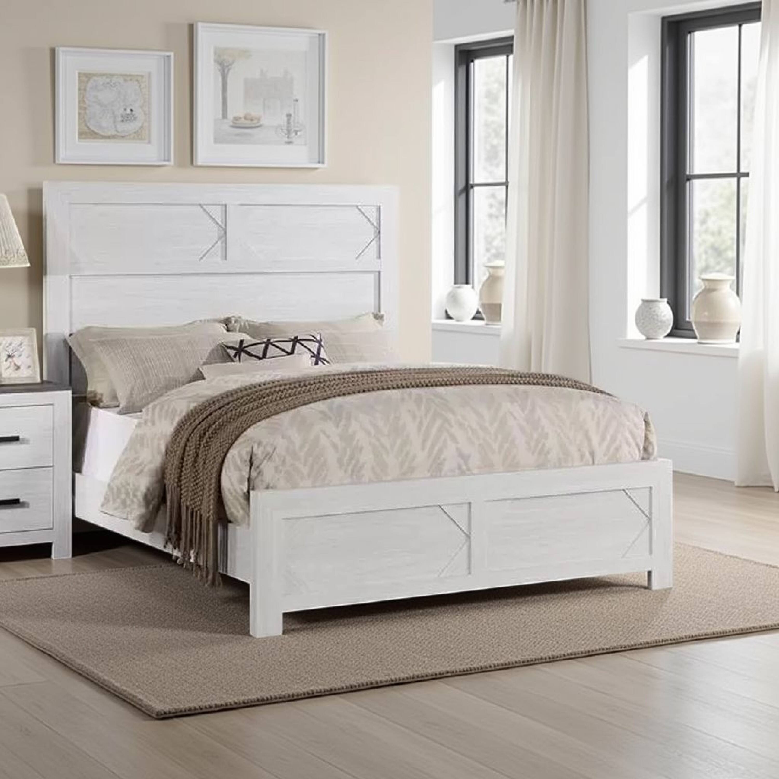 Alt View 5. Manhattan Lane - Modern Queen Size Bed, High Headboard w Low Footboard, Whitewash Wood - Whitewash.