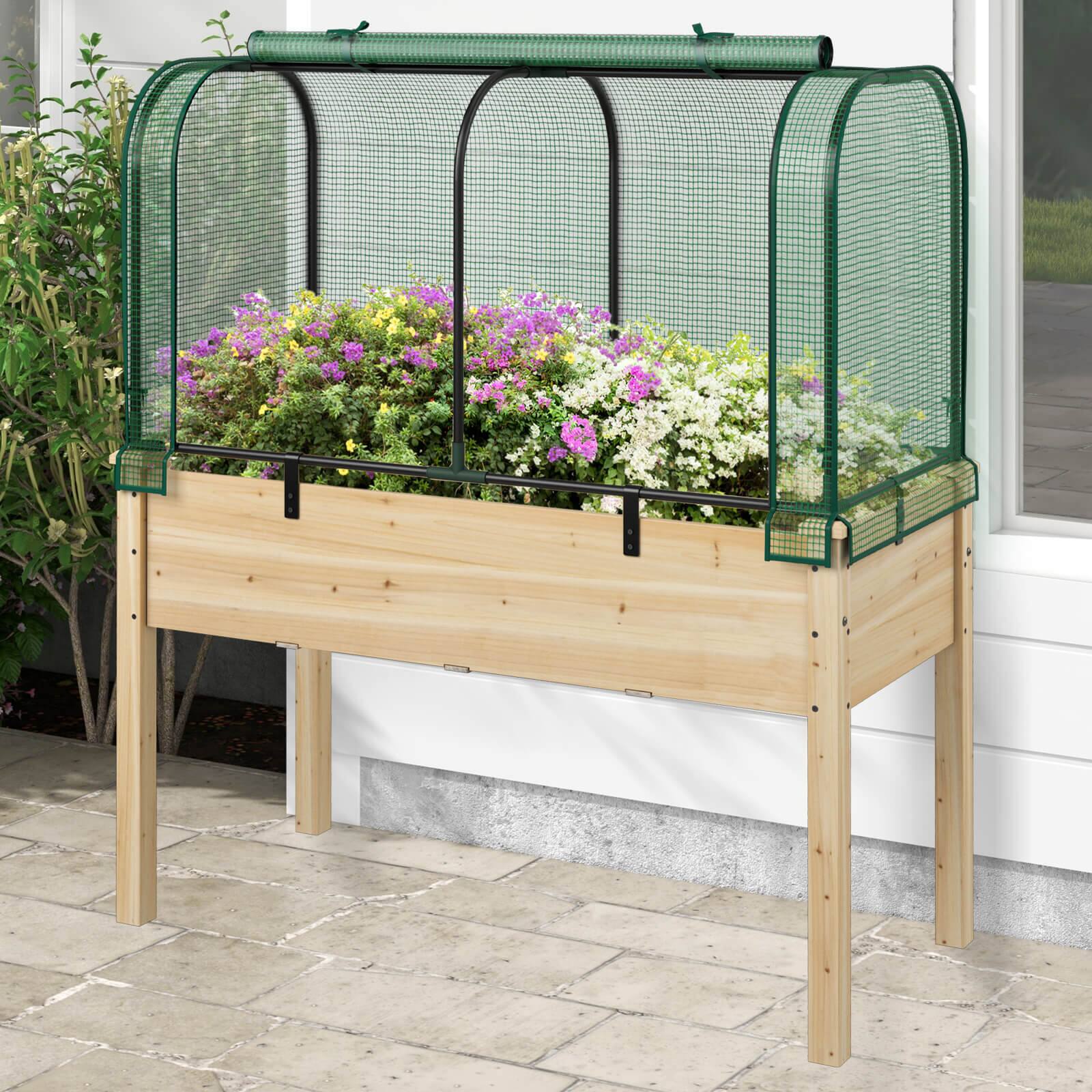 Alt View 1. Costway - Wood Raised Garden Bed with Greenhouse Cover Mini Portable Greenhouse Kit - Green + Beige.