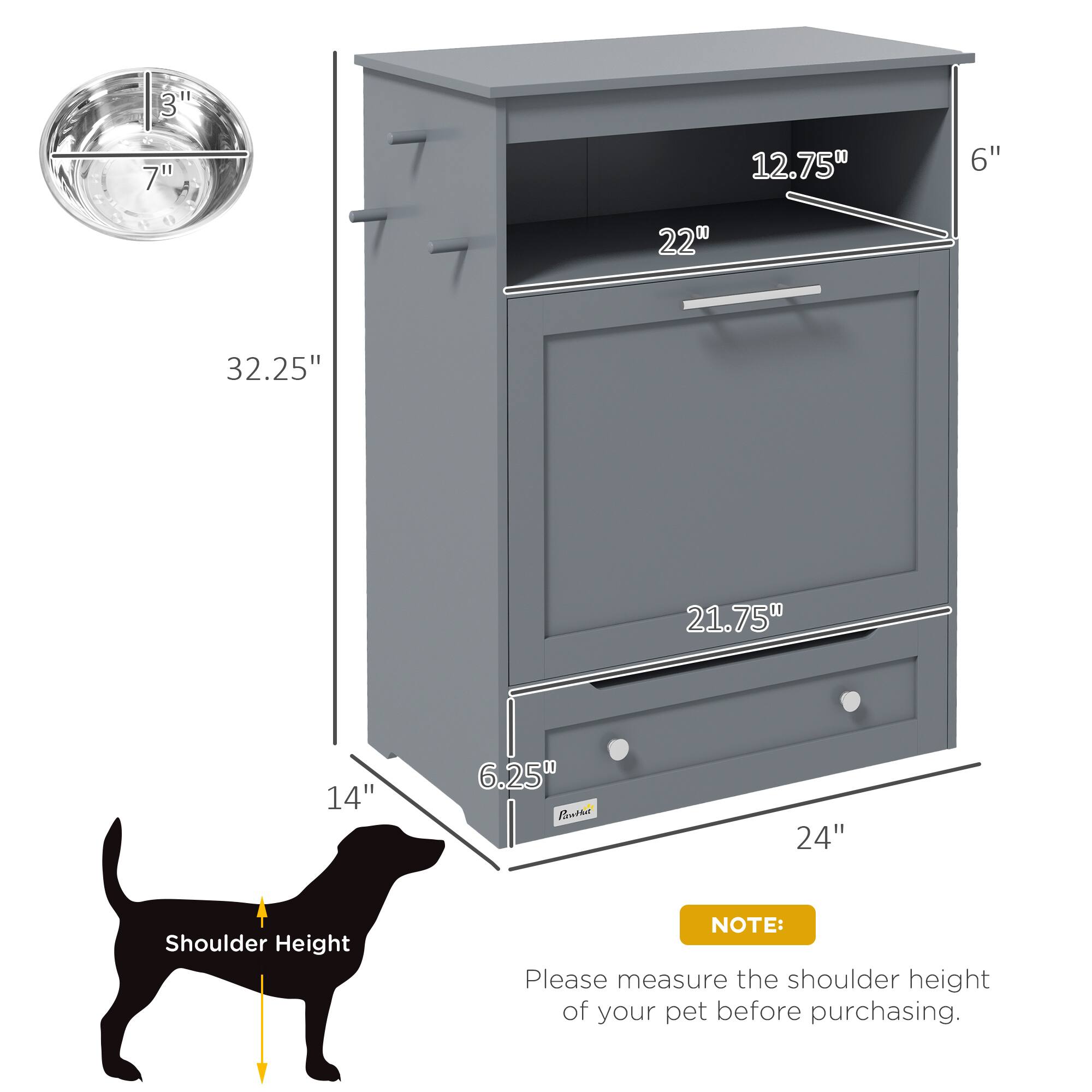 - 3" diameter
- 7" height
- 32.25" height
- 14" width
- 24" width
- 6.25" depth
- 6" depth
- 12.75" depth
- 22" depth
- 21.75" depth

Shoulder Height: 24"

NOTE: Please measure the shoulder height of your pet before purchasing.