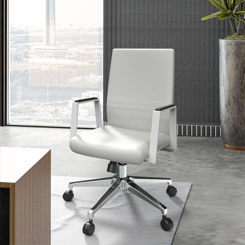Left. LeisureMod - Aleen Office Chair in Upholstered Leather and Iron Frame with Swivel and Tilt Comfortable Desk Chair for Home Office - White.