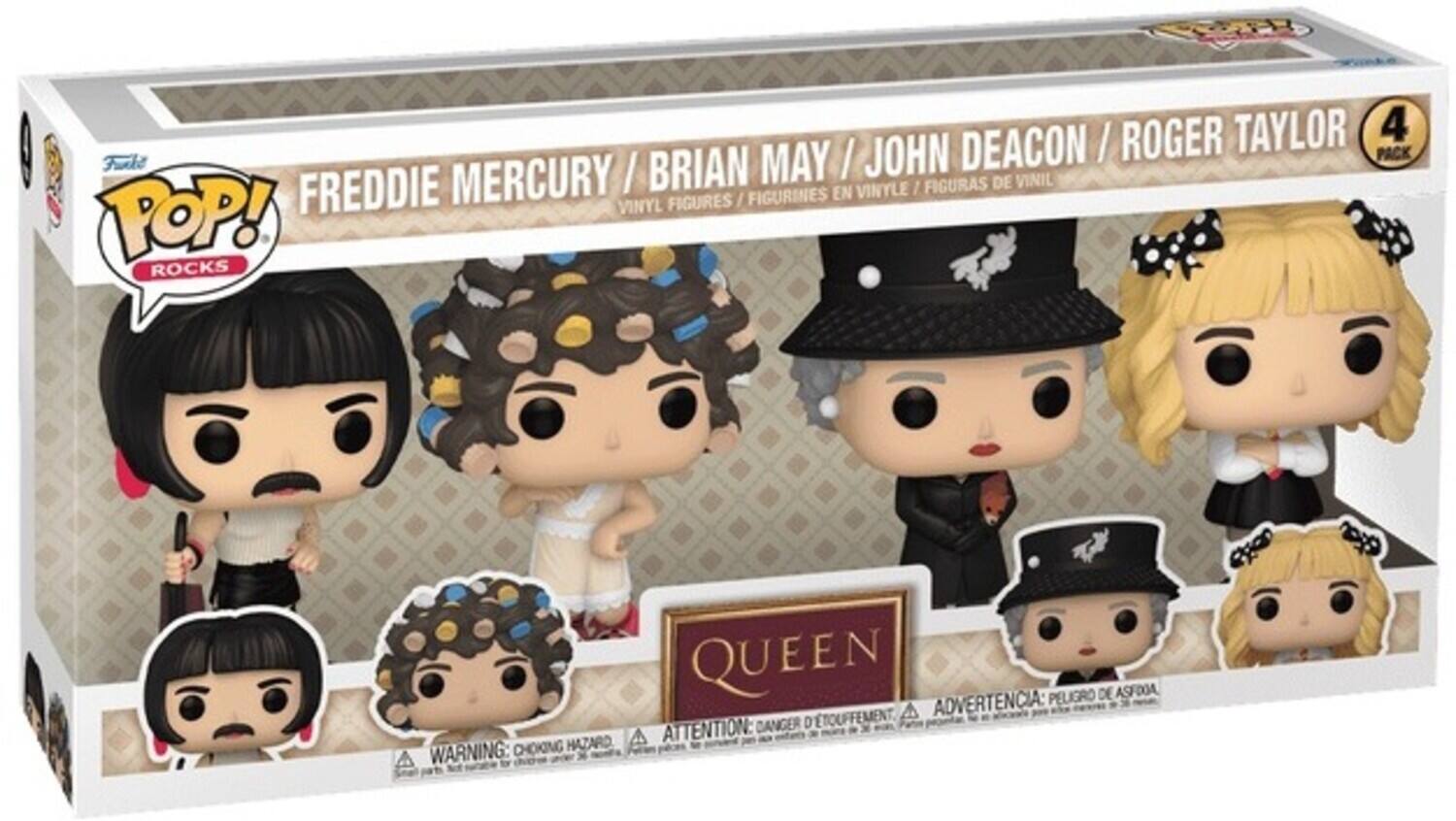 FREDDE MERCURY / BRIAN MAY / JOHN DEACON / ROGER TAYLOR  
4 FIGURINES EN VINYLE / FIGURAS DE VINIL / FIGURINES VINYL  
POP! ROCKS QUEEN  
PELIGRO DE ASPFOA / ADVERTENCIA: WARNING: CHOKING HAZARD