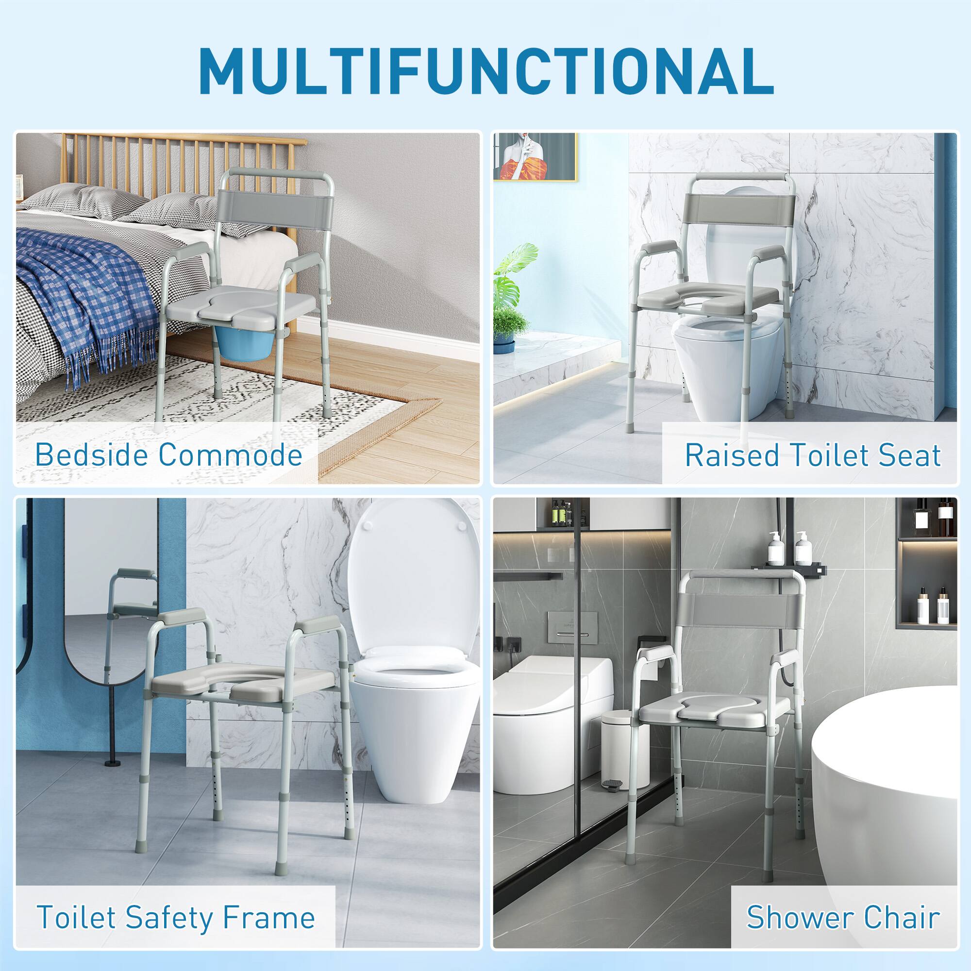 The text in the image can be grouped and corrected as follows:

1. **Bedside Commode**
2. **Raised Toilet Seat**
3. **Toilet Safety Frame**
4. **Shower Chair**

The product is described as "MULTIFUNCTIONAL."