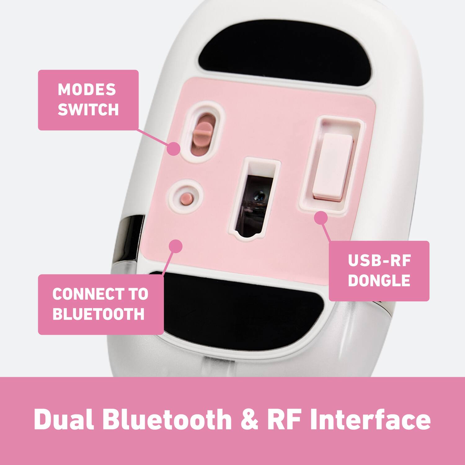 MODES SWITCH  
CONNECT TO BLUETOOTH  
USB-RF DONGLE  

Dual Bluetooth & RF Interface