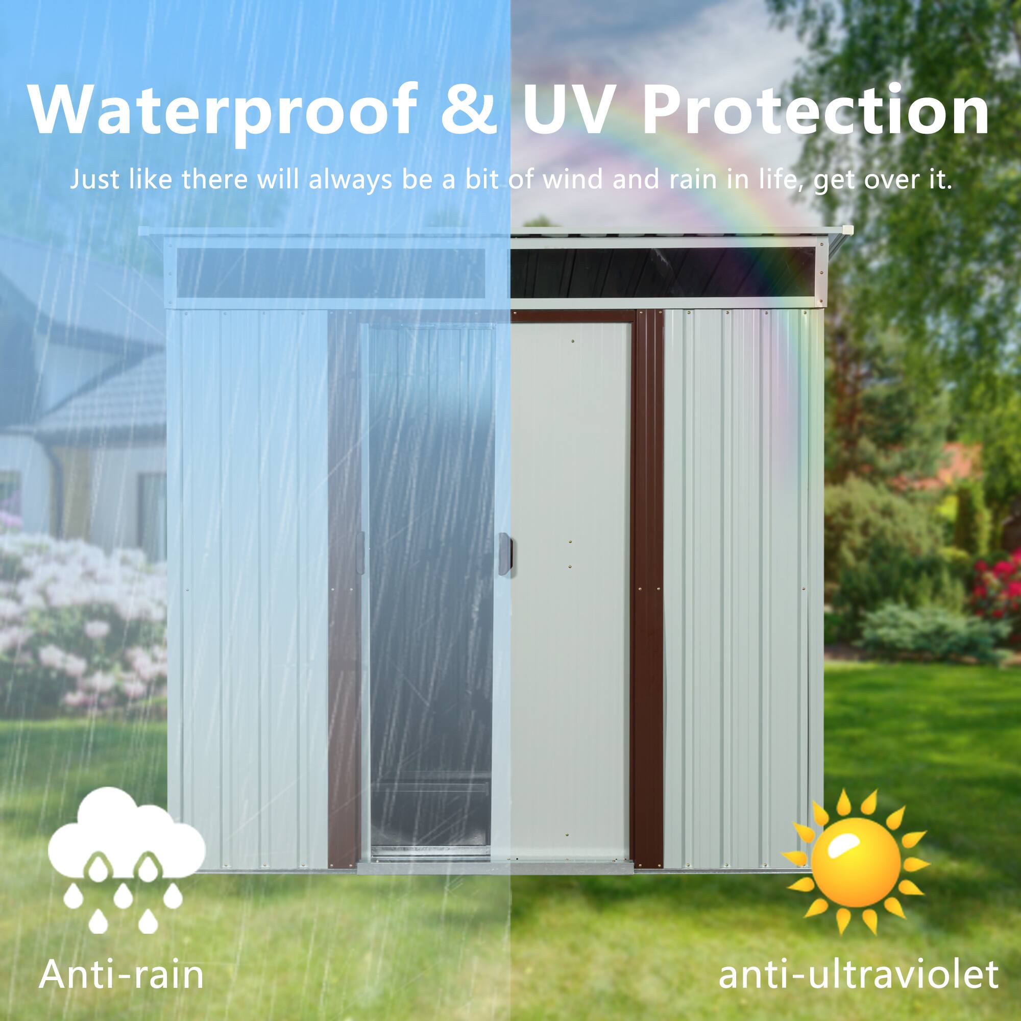 Waterproof & UV Protection  
Just like there will always be a bit of wind and rain in life, get over it.  

Anti-rain  
anti-ultraviolet