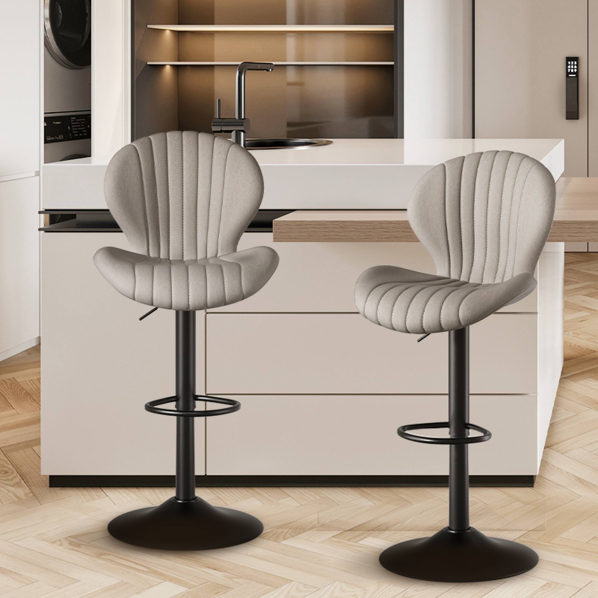 Front. HTUTWOO - 360° Swivel Bar Stools Set of 2, Adjustable Counter Stools, Faux Leather Bar Chairs with Pedal and Backrest for Kitchen - Light Grey.
