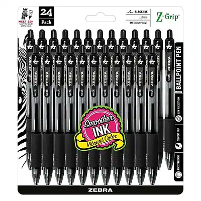 Zebra - Z-Grip Retractable Ballpoint Pens, Medium Point, 1.0mm, Black Ink, 24/Pack (12221)