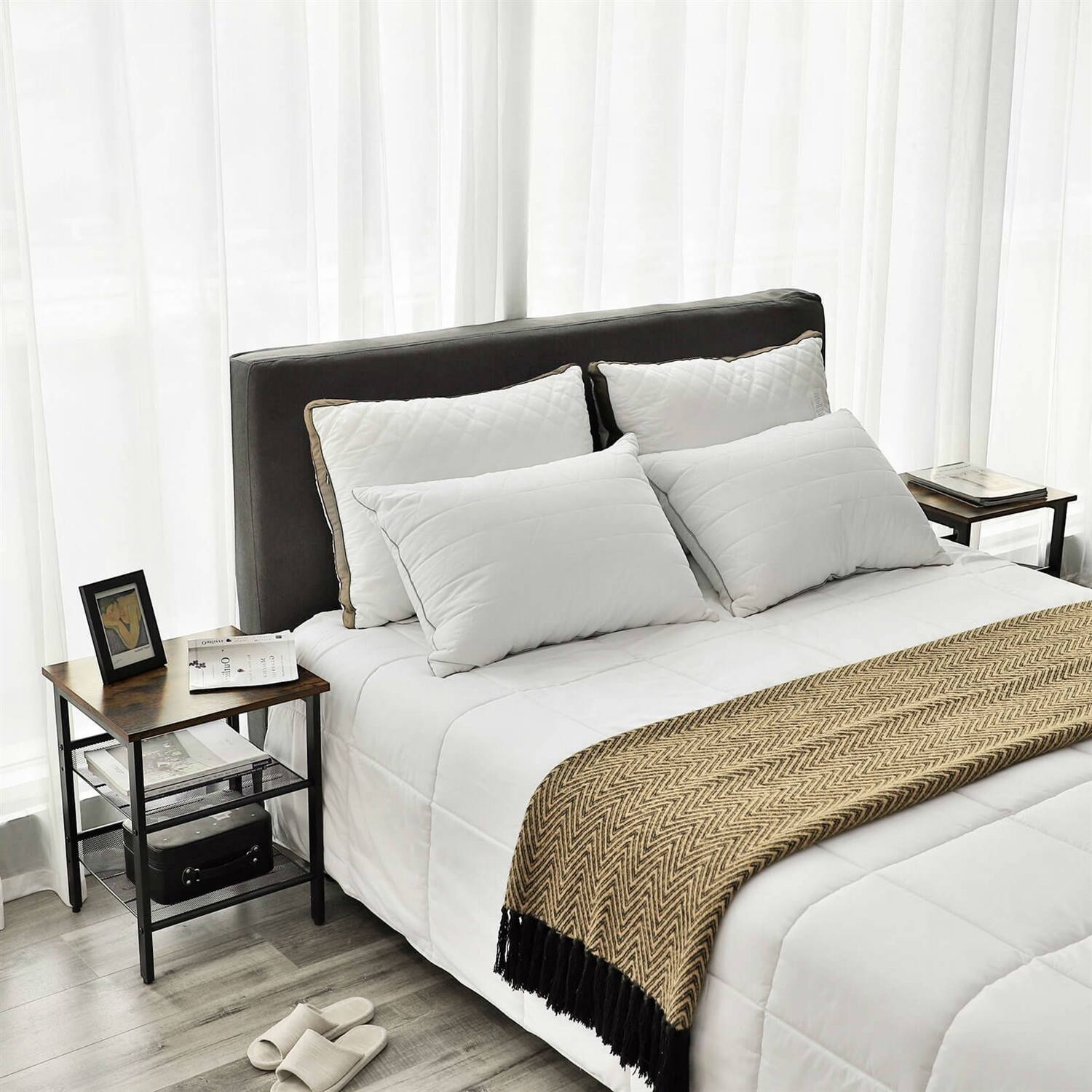 Alt View 1. Hivvago - Hivvago Set of 2 Side Table Nightstand with Top and Mesh Shelves - Rustic Brown.