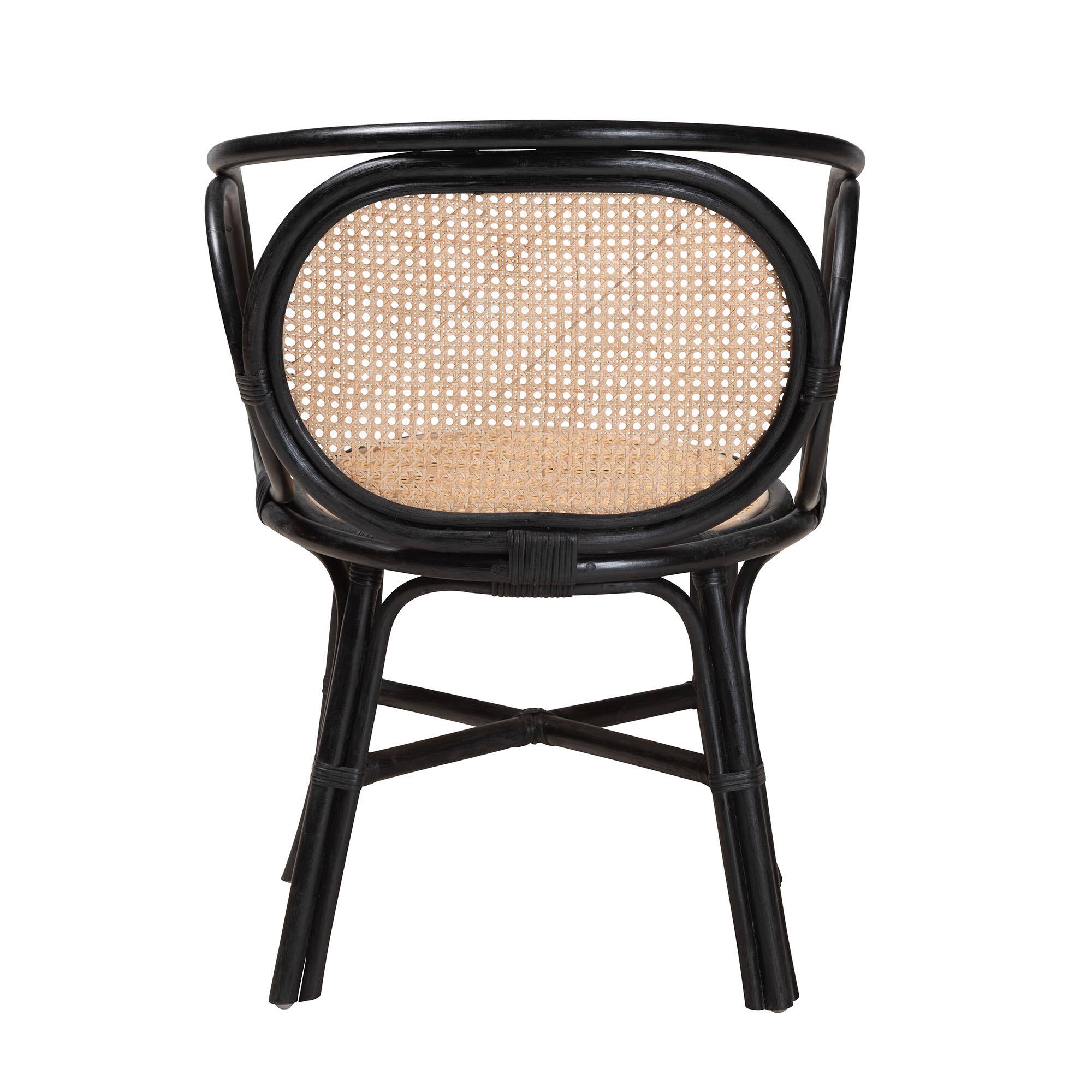 Back. bali & pari - Palesa Modern Bohemian Two-Tone and  Rattan Dining Chair - Black/Natural Brown.
