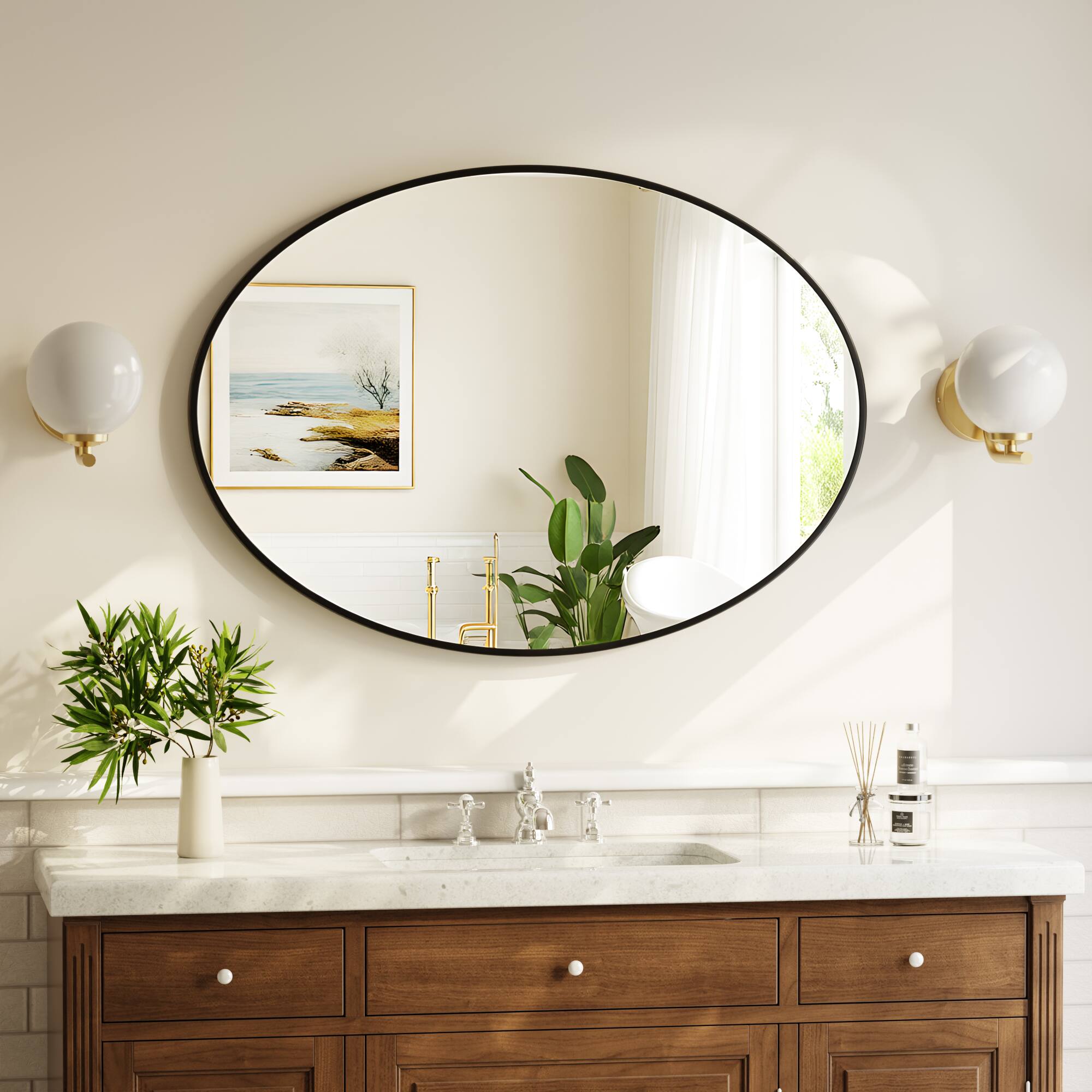 Angle. Easly - Black 24 in. W x 36 in. H Oval Aluminum Alloy Frame Vanity Wall Mirror - Black.