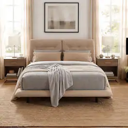 Anysun - Queen Size Upholstered Floating Bed Frame with LED Lights – PU Leather with Button-Tufted Headboard, Easy Assembly - Khaki