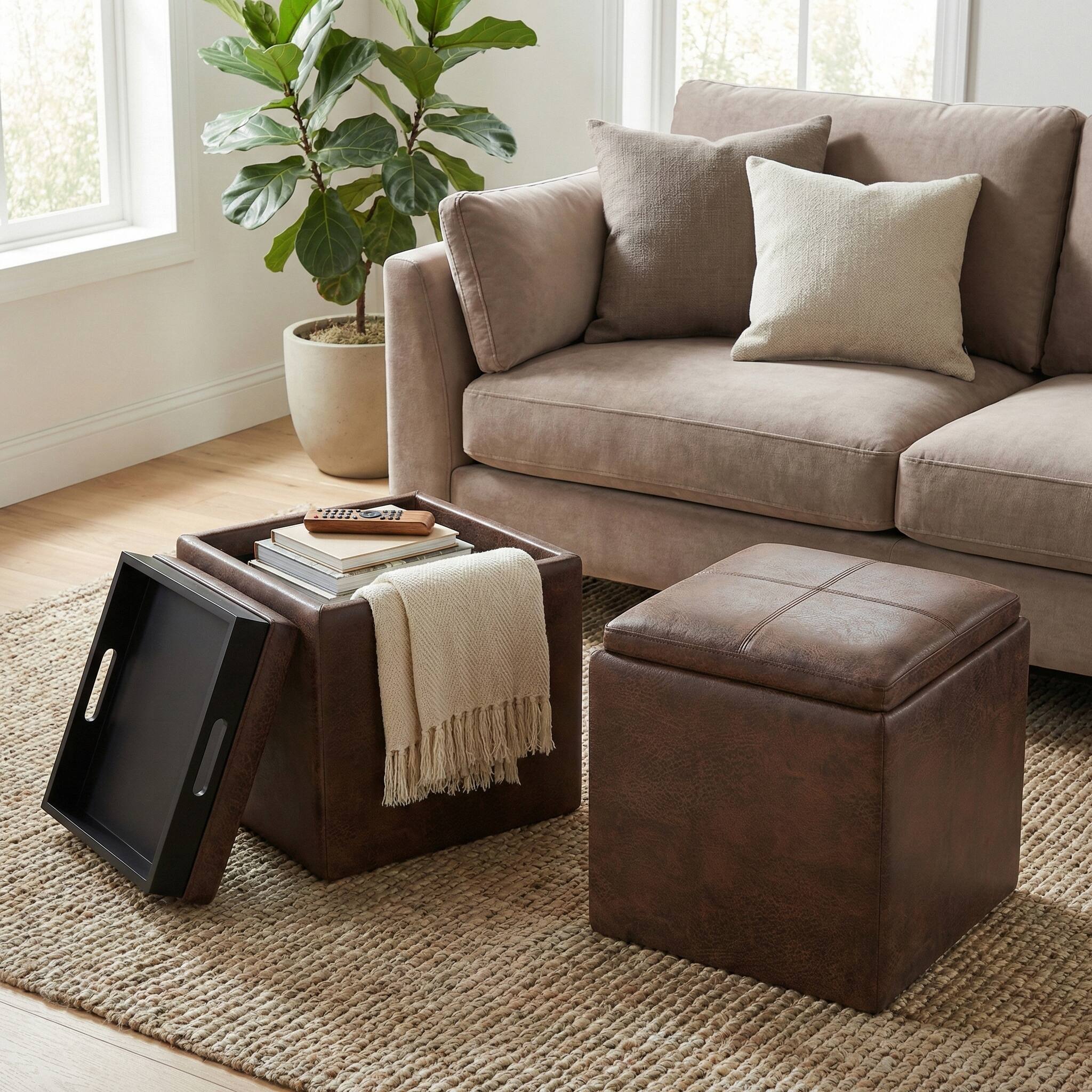Angle. Simpli Home - Rockwood 17 inch Wide Upholstered Vegan Leather Square Storage Ottoman with Tray, Aged Brown - Aged Brown.
