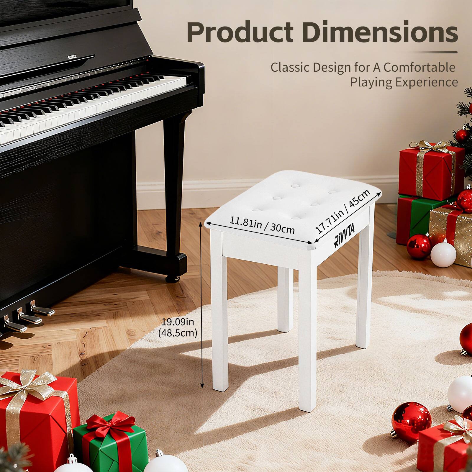 Product Dimensions  
Classic Design for a Comfortable Playing Experience  
45cm 11.81in / 30cm 11.81in  
17.71in / 30cm 17.71in  
19.09in (48.5cm)