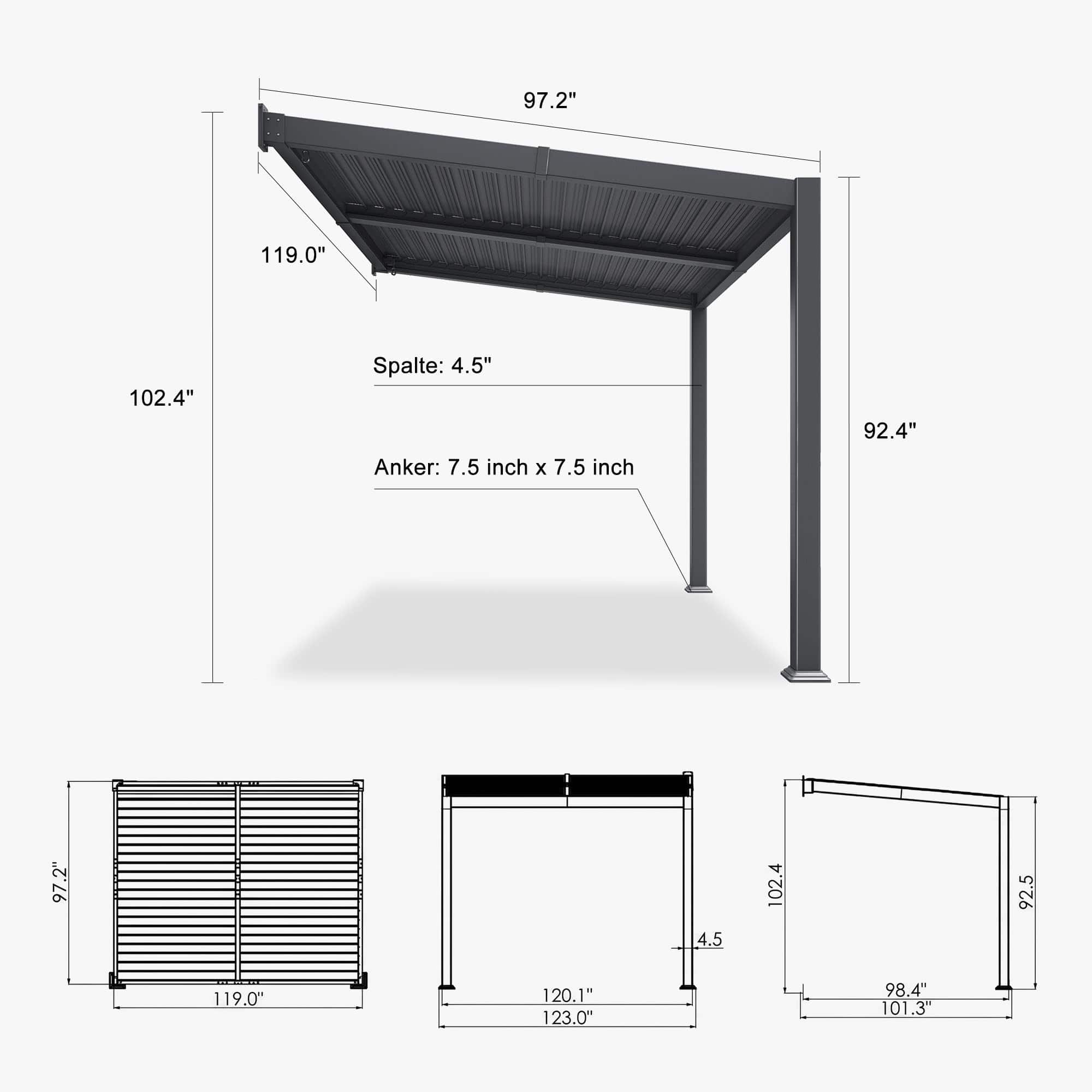 PURPLE LEAF Louvered Pergola Slanted Roof Outdoor Gray Aluminum