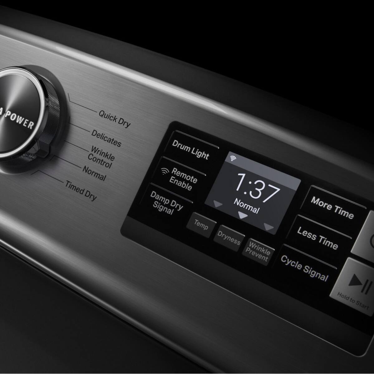 Sure, here is the corrected and grouped text from the image:

**Main Dial Options:**
- Quick Dry
- Delicates
- Wrinkle Control
- Normal
- Timed Dry
- Damp Dry Signal

**Additional Features:**
- Drum Light
- Remote Enable
- Temp
- Dryness
- Wrinkle Prevent

**Display:**
- 1:37
- Normal

**Buttons:**
- More Time
- Less Time
- Cycle Signal
- Hold to Start

**Other:**
- Power