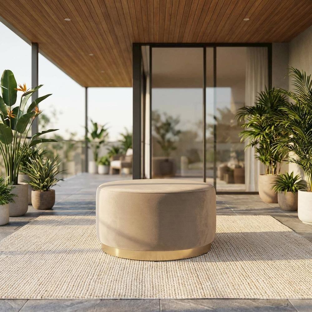 Angle. Outdoor Escape - Velvet Upholstered Ottoman With 29-Inch Round Top And Stylish Design - Brown.