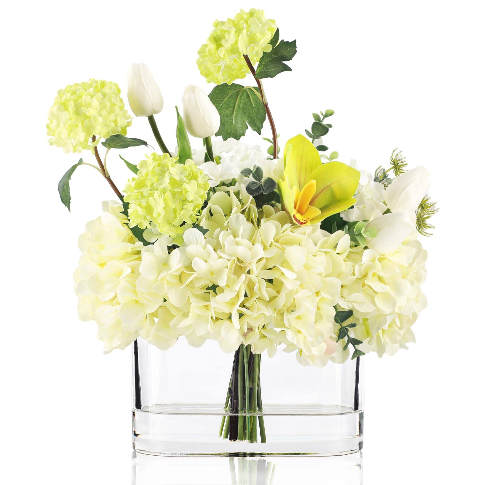 Alt View 1. Siljoy - Artificial Hydrangea & Tulip Bouquet, Large Glass Vase, Home Wedding Decor Gift - green.