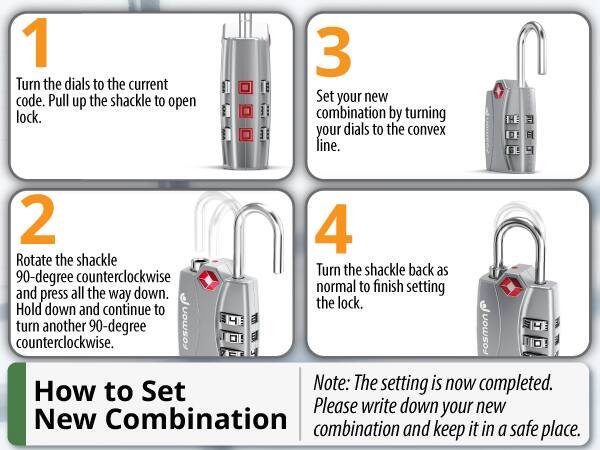 1. Turn the dials to the current code. Pull up the shackle to open lock.
2. Rotate the shackle 90-degree counterclockwise and press all the way down. Hold down and continue to turn another 90-degree counterclockwise.
3. Set your new combination by turning your dials to the convex line.
4. Turn the shackle back as normal to finish setting the lock.

Note: The setting is now completed. Please write down your new combination and keep it in a safe place.