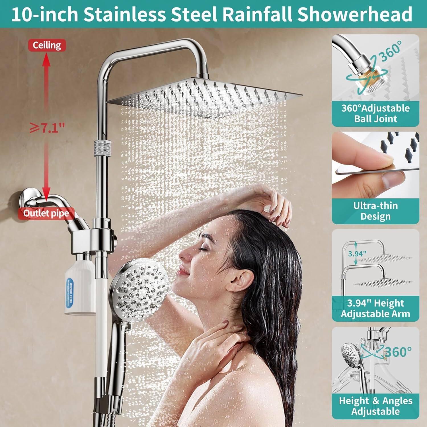 10-inch Stainless Steel Rainfall Showerhead Ceiling 7.1" 360° Adjustable Ball Joint Outlet pipe Ultra-thin Design 3.94" Height Adjustable Arm 360° Height & Angles Adjustable