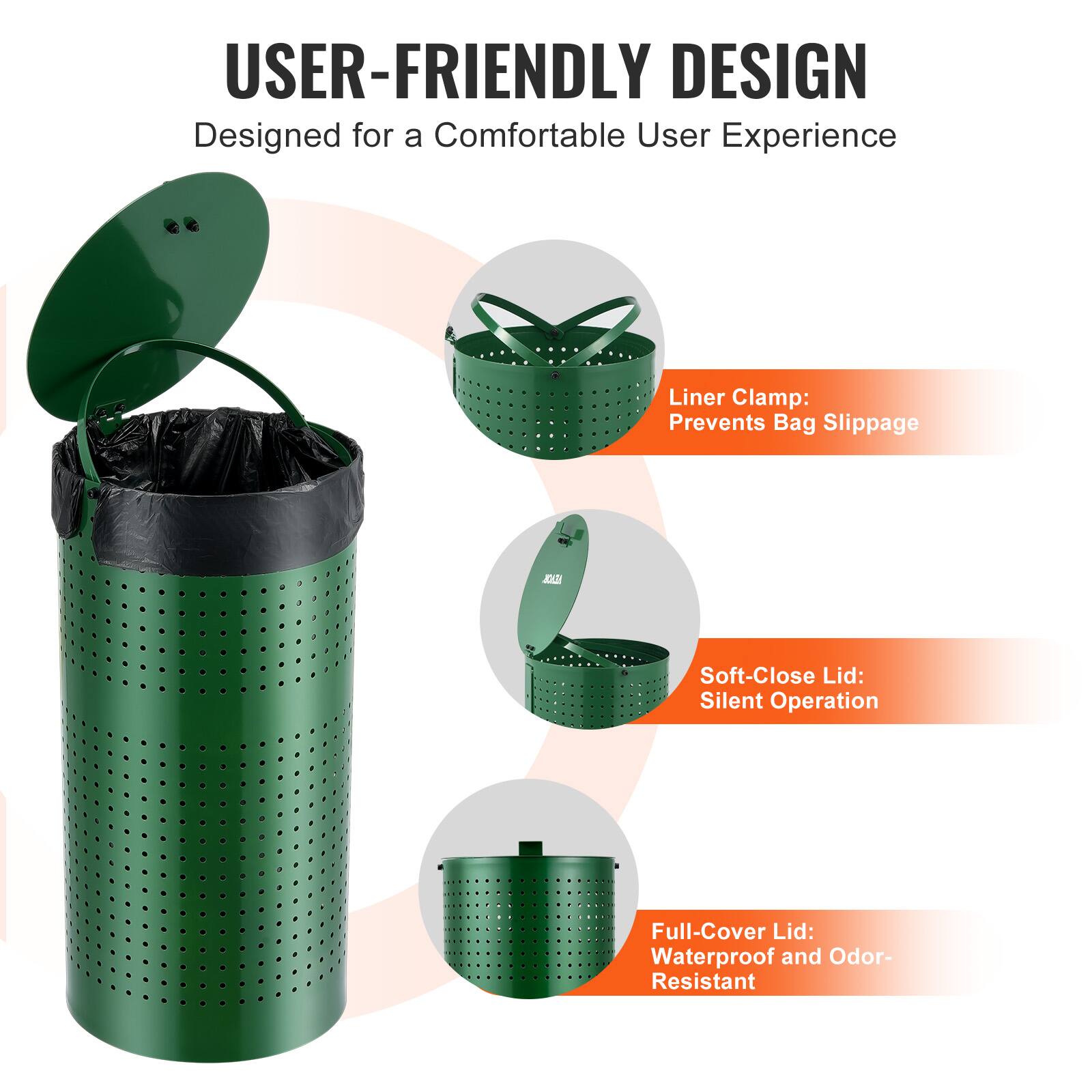 USER-FRIENDLY DESIGN  
Designed for a Comfortable User Experience  

- Liner Clamp: Prevents Bag Slippage  
- Soft-Close Lid: Silent Operation  
- Full-Cover Lid: Waterproof and Odor-Resistant