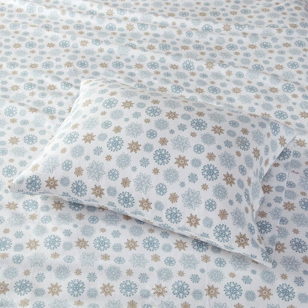 Alt View 2. Gracie Mills - Gracie Mills Persephone Cotton Flannel Sheet Set - Tan/Blue Snowflakes.