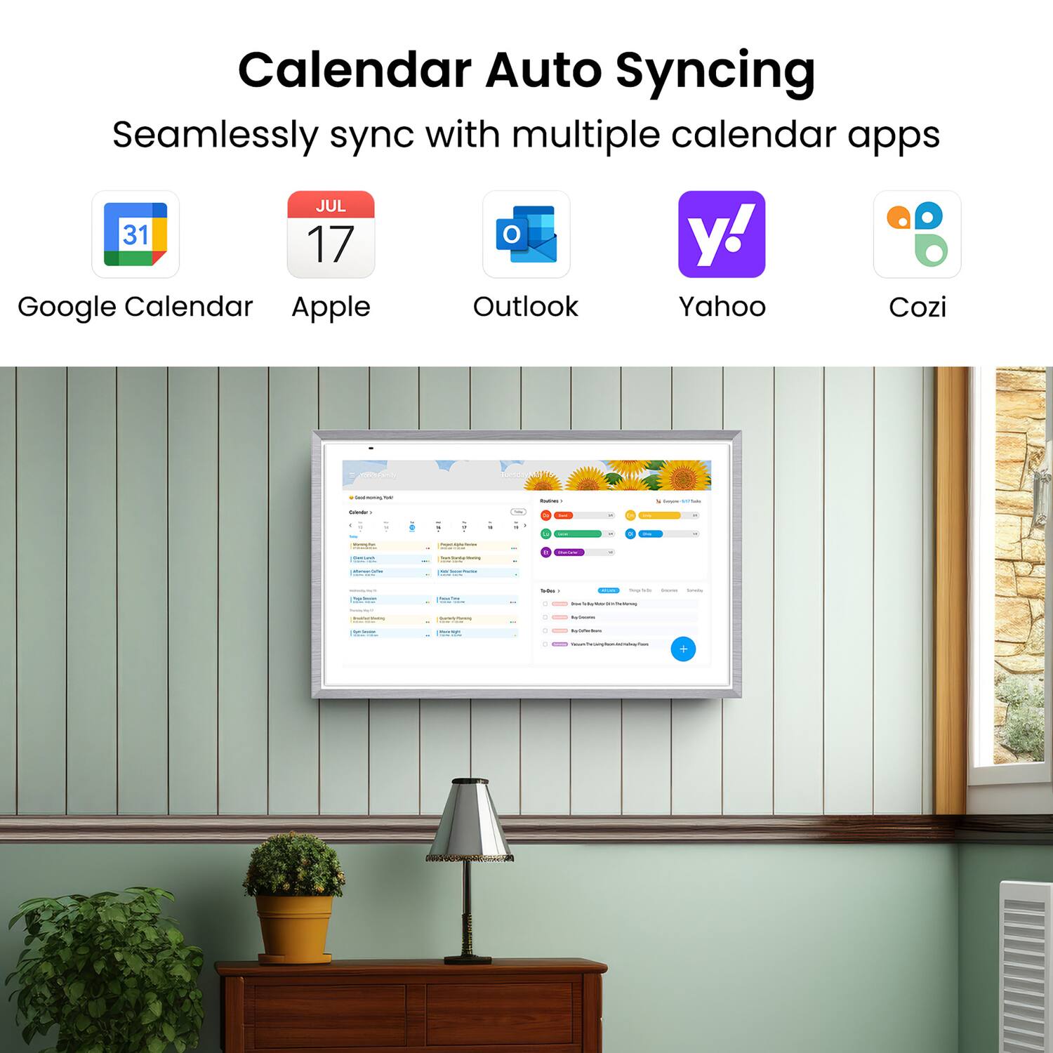 Calendar Auto Syncing  
Seamlessly sync with multiple calendar apps  
- Google Calendar  
- Apple  
- Outlook  
- Yahoo  
- Cozi