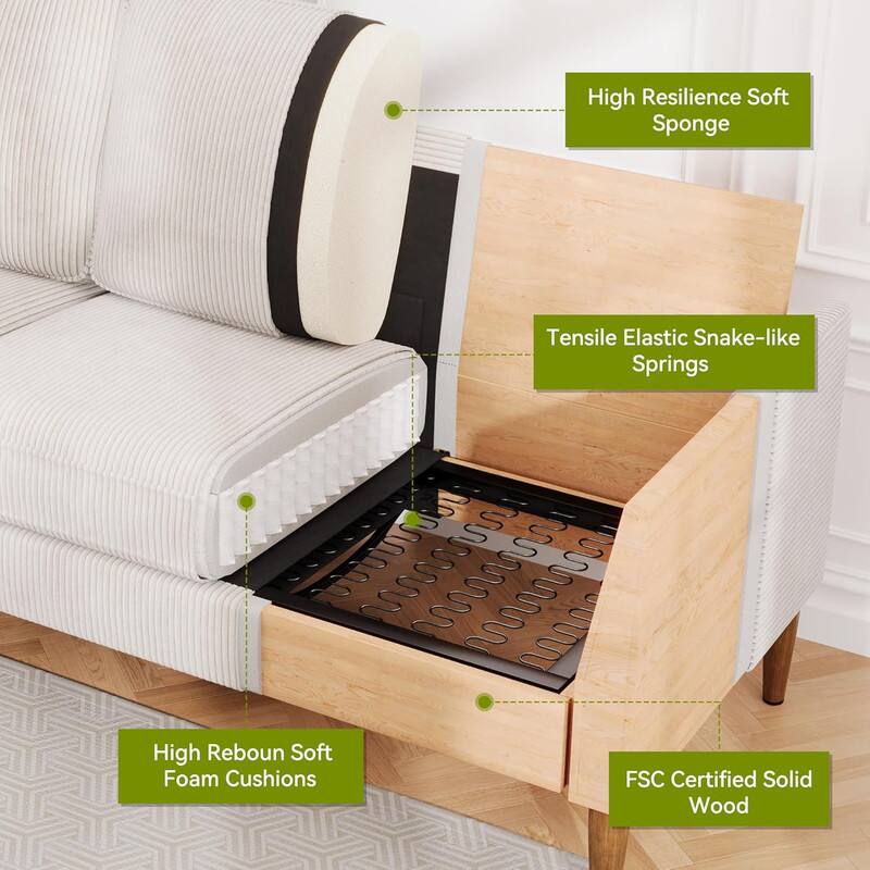 - High Resilience Soft Sponge
- Tensile Elastic Snake-like Springs
- High Rebound Soft Foam Cushions
- FSC Certified Solid Wood