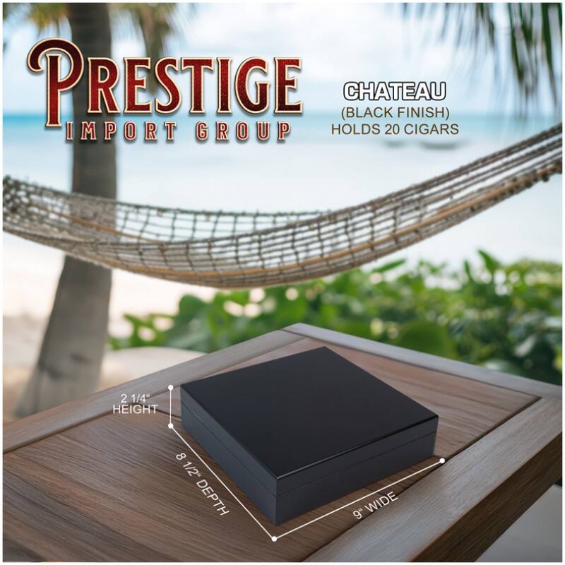 PRESTIGE (BLACK CHATEAU FINISH) IMPORT GROUP HOLDS 20 CIGARS  
2 1/4" HEIGHT  
8 1/2" DEPTH  
9" WIDE