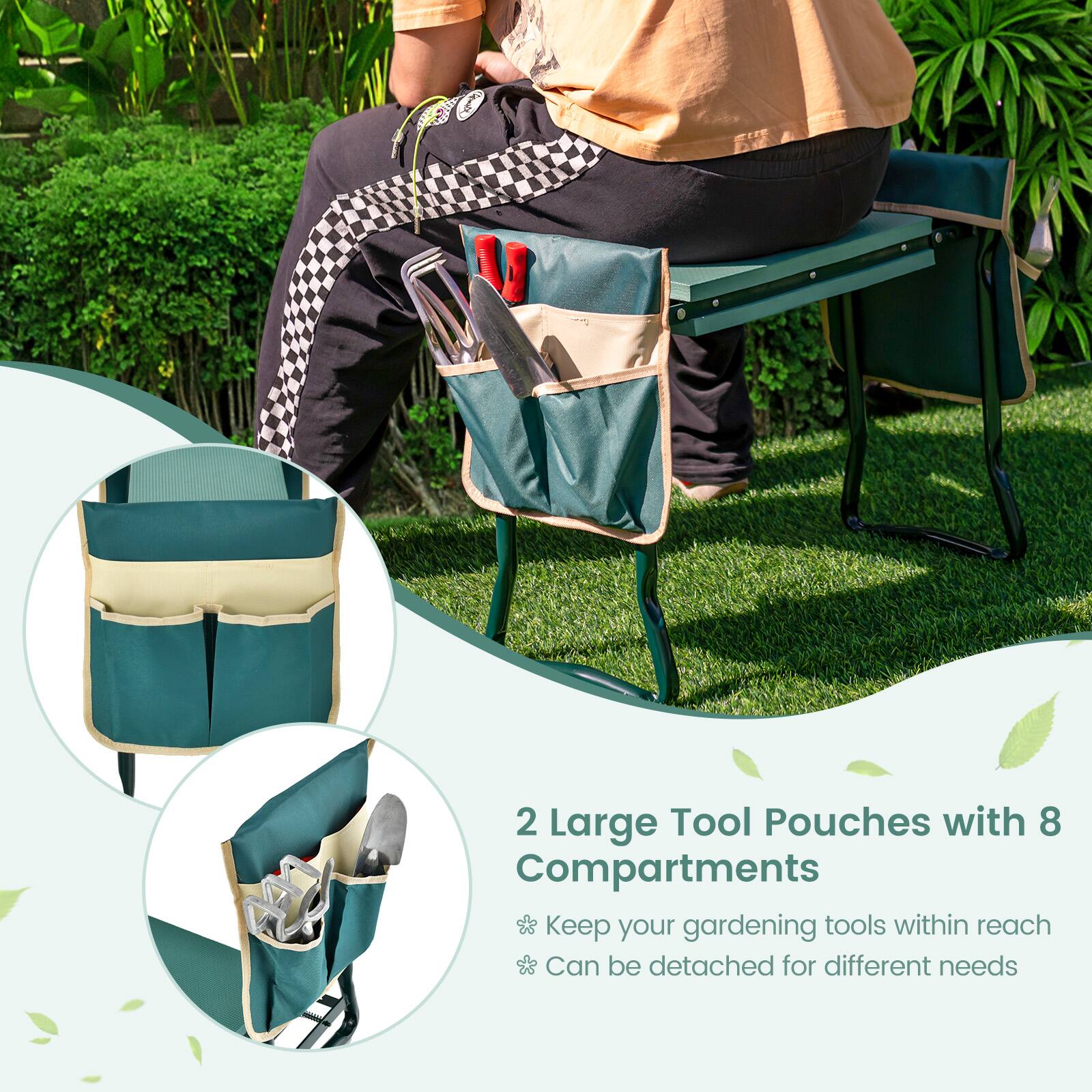 2 Large Tool Pouches with 8 Compartments  
Keep your gardening tools within reach  
Can be detached for different needs