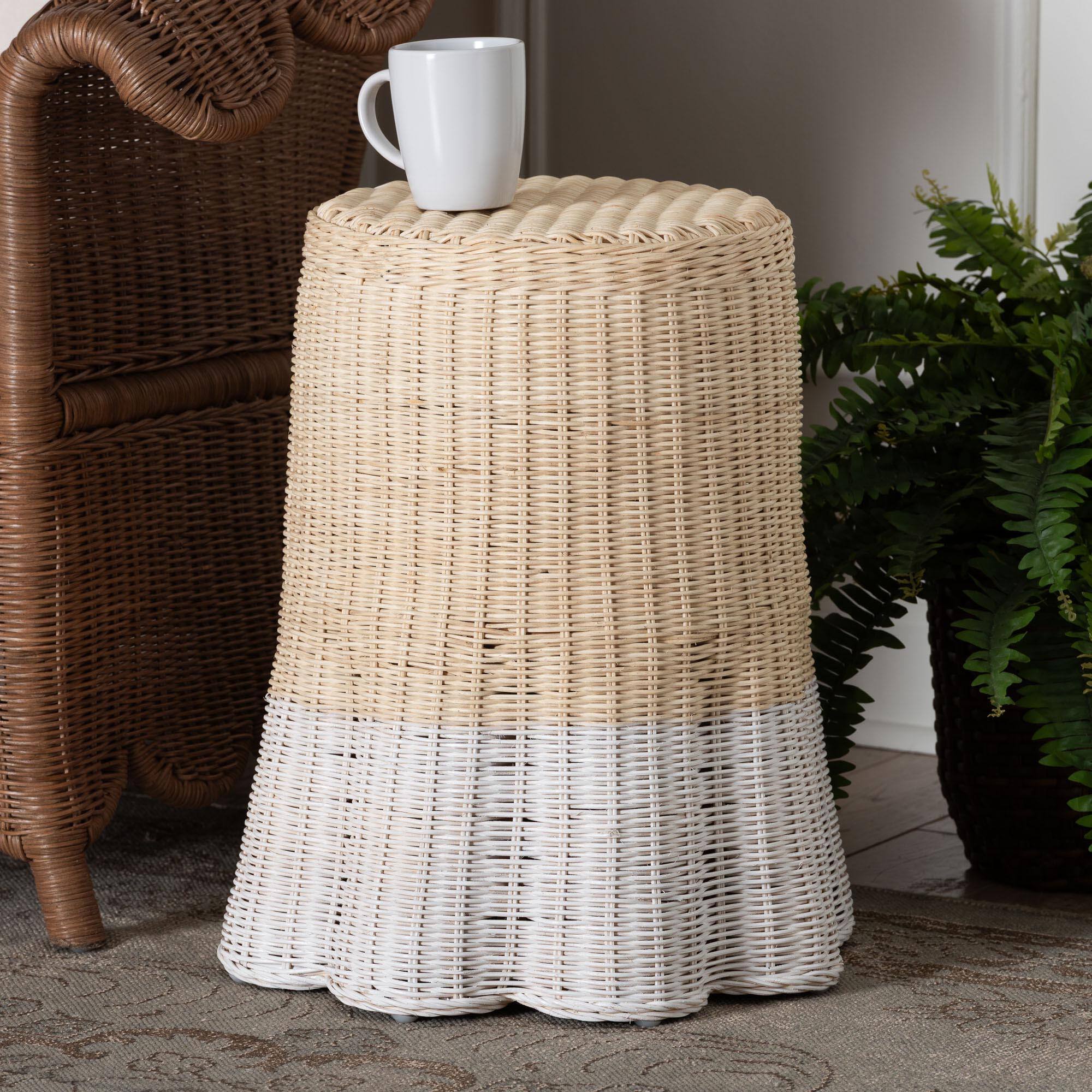 Alt View 2. bali & pari - bali & pari Sarna Natural Rattan End Table - Handwoven Wicker Accent Table with Scalloped Base and Two-Tone Finish - Natural Brown/White.
