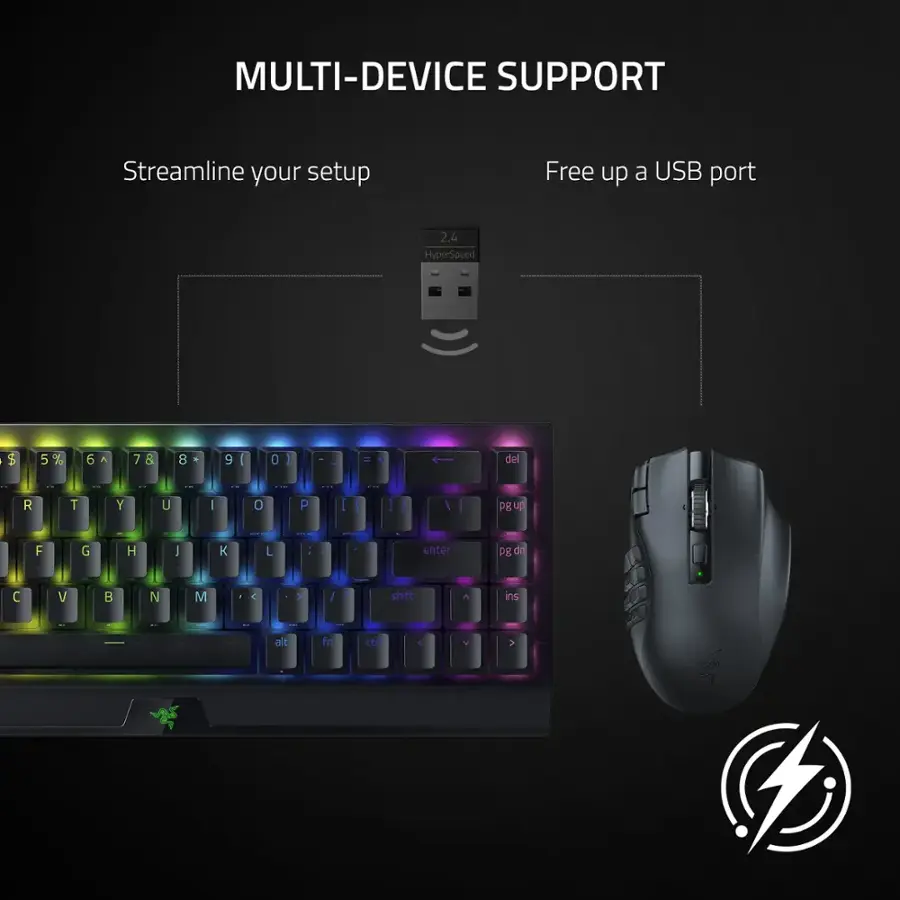 MULTI-DEVICE SUPPORT Streamline your setup Free up a USB port 2.4 HyperSpeed | t 5 5% 6 7 & 8 a 9 ( 0 I - + del R T Y U I 0 P I I g up F G H I L - : . enter Pg dn  V B N M C > / 7 shift ins I alt fn ctn C V >