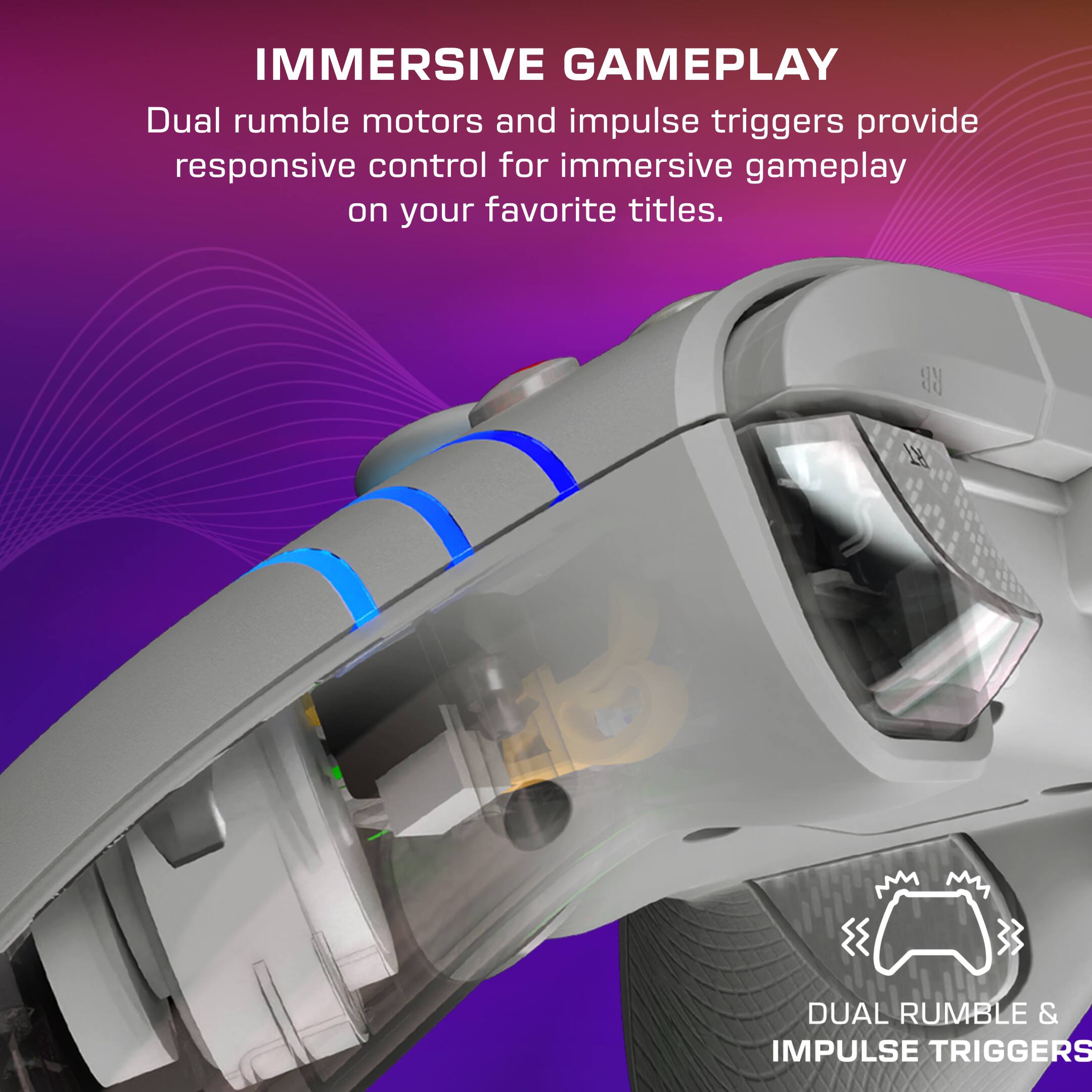 The text on the image describes a gaming controller with dual rumble motors and impulse triggers, which provide responsive control for immersive gameplay on your favorite titles.