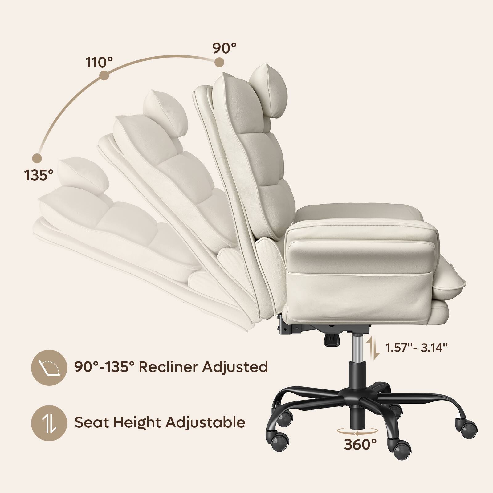 90°-135° Recliner Adjusted  
1.57"- 3.14"  
Seat Height Adjustable  
360°