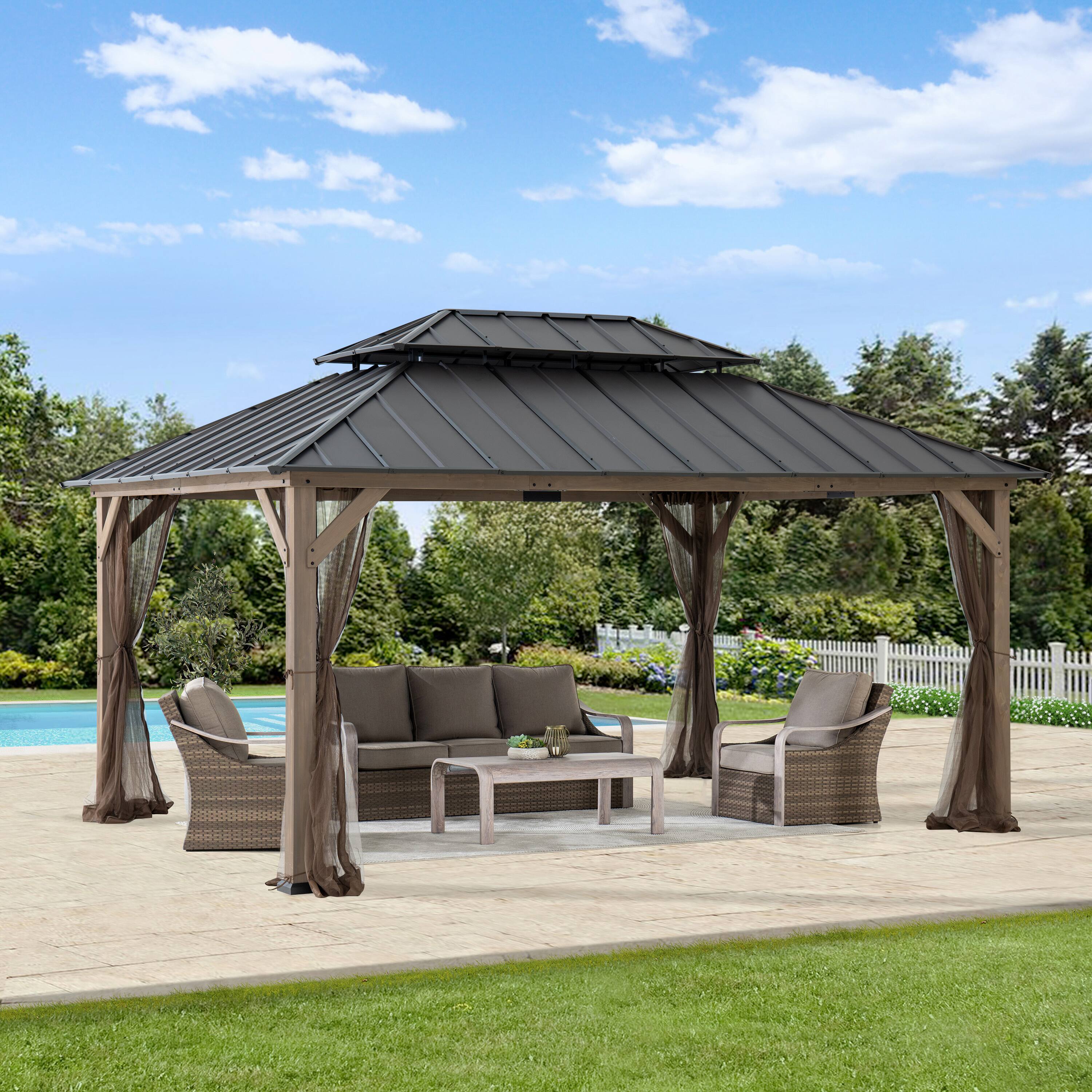 Front. SUNJOY - 12x16 Archwood Iron Roof Tent + Mosquito Net (with Lights).