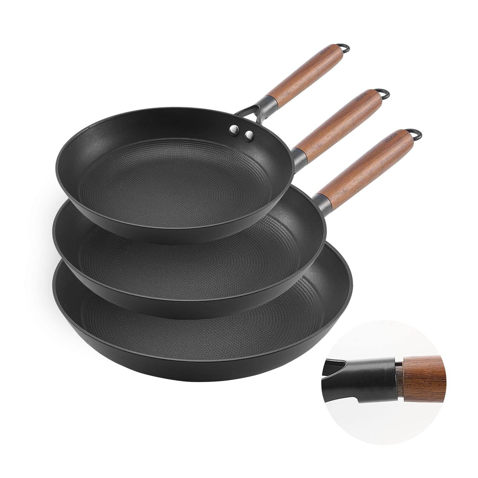 Glintex - Cast Iron Skillet Frying Pan Set, 3 Piece Pre-Seasoned Nonstick Cookware with Detachable Handle for Kitchen - Black