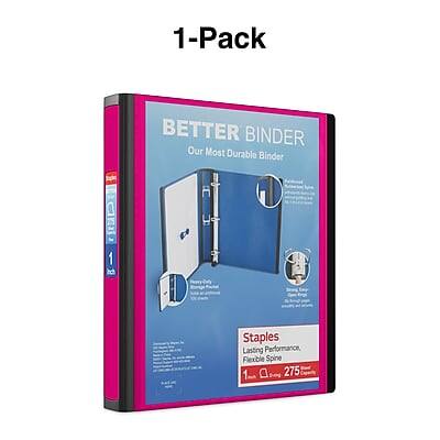 1-Pack  
BETTER BINDER  
Our Most Durable Binder  

Staples  
Lasting Performance  
Flexible Spine  
1"  
275 Sheets