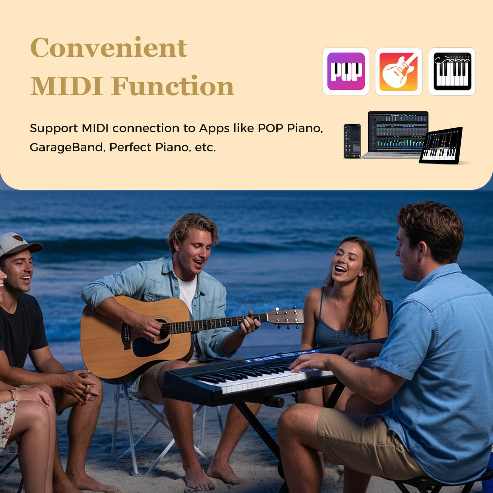 Convenient MIDI Function

Support MIDI connection to Apps like POP Piano, GarageBand, Perfect Piano, etc.