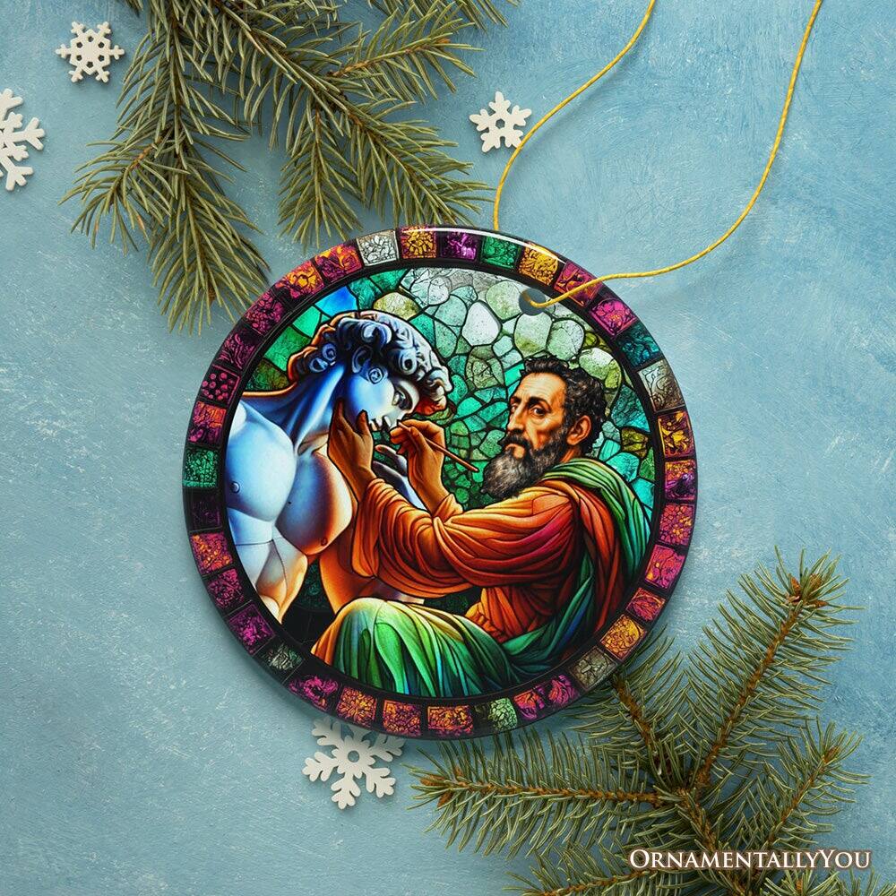 Back. OrnamentallyYou - Michelangelo Sculpting David in Stained Glass Themed Christmas Ornament Renaissance Italy Gift - Multi-colored.